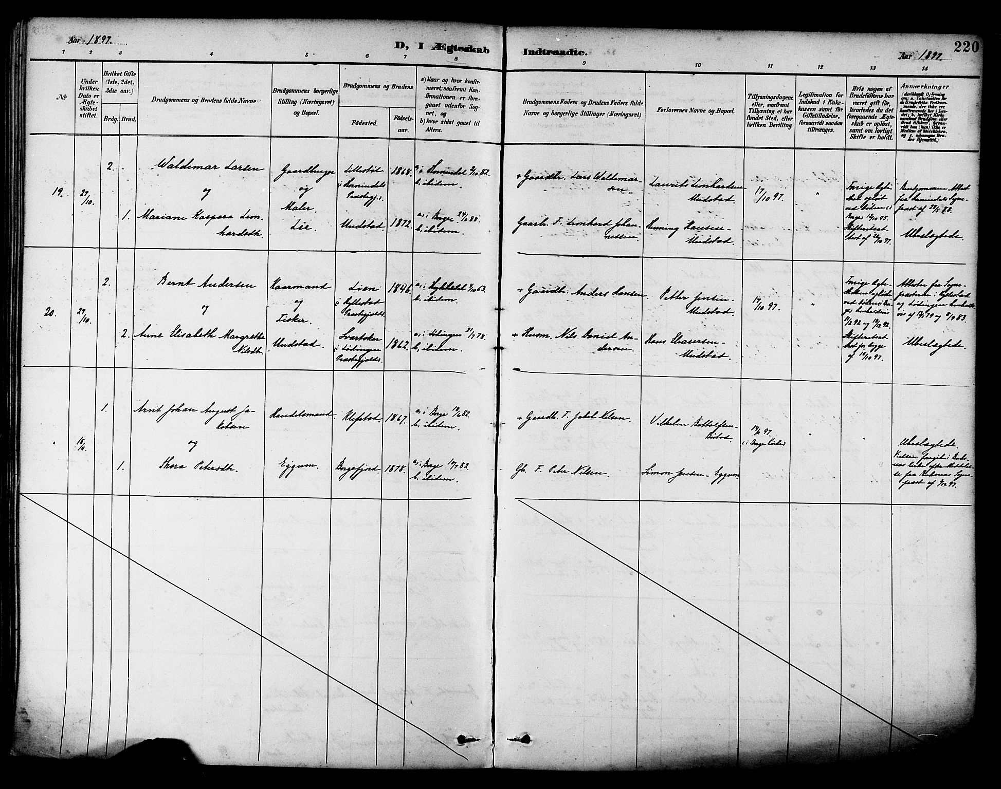 Ministerialprotokoller, klokkerbøker og fødselsregistre - Nordland, AV/SAT-A-1459/880/L1133: Parish register (official) no. 880A07, 1888-1898, p. 220