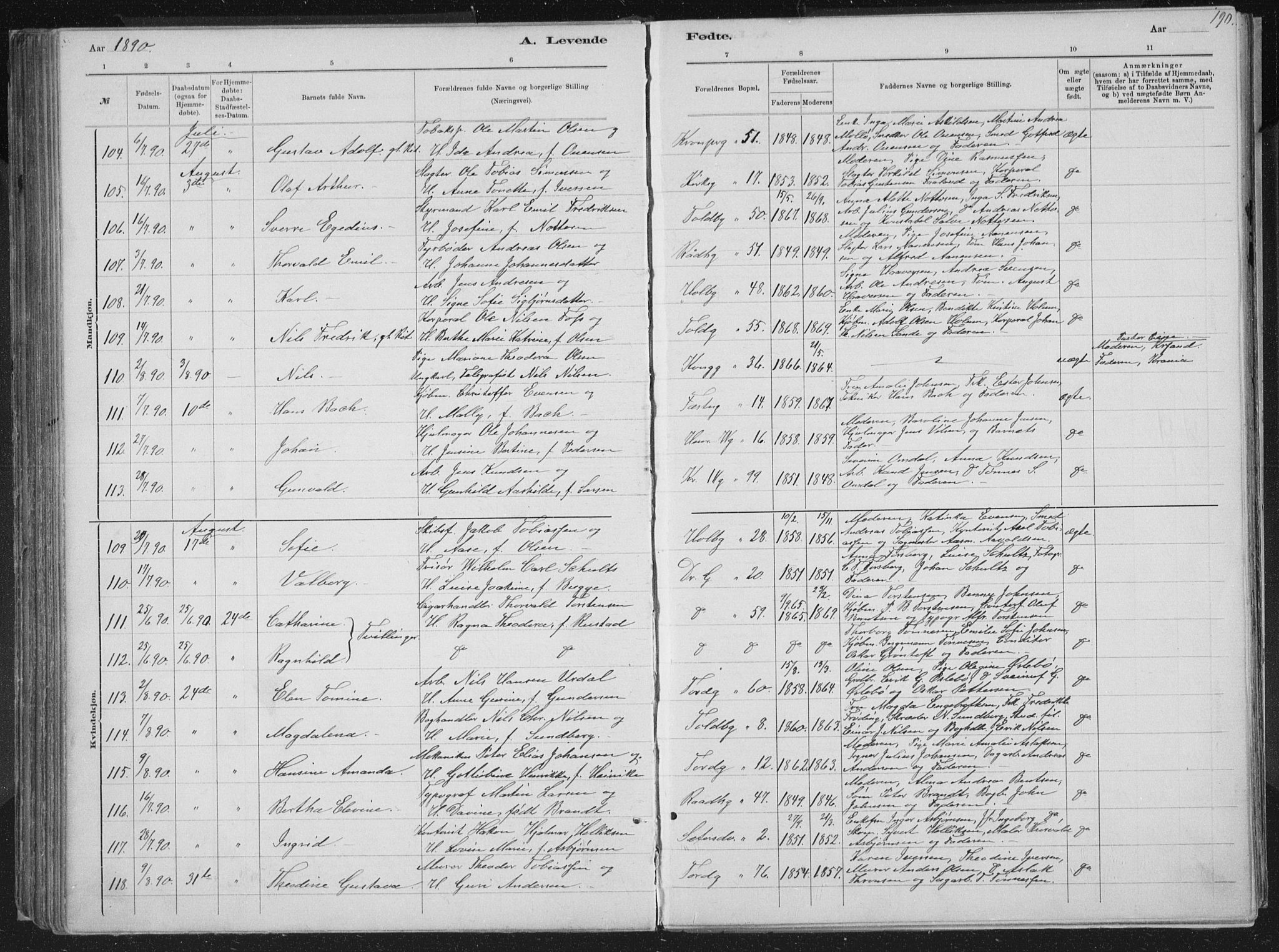 Kristiansand domprosti, SAK/1112-0006/F/Fb/L0014: Parish register (copy) no. B 14, 1881-1896, p. 190