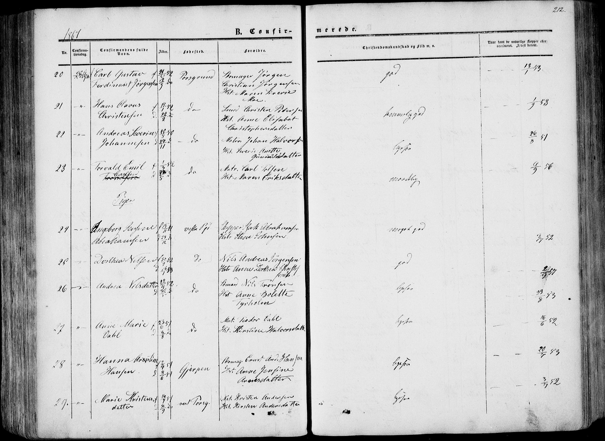 Porsgrunn kirkebøker , AV/SAKO-A-104/F/Fa/L0007: Parish register (official) no. 7, 1858-1877, p. 212