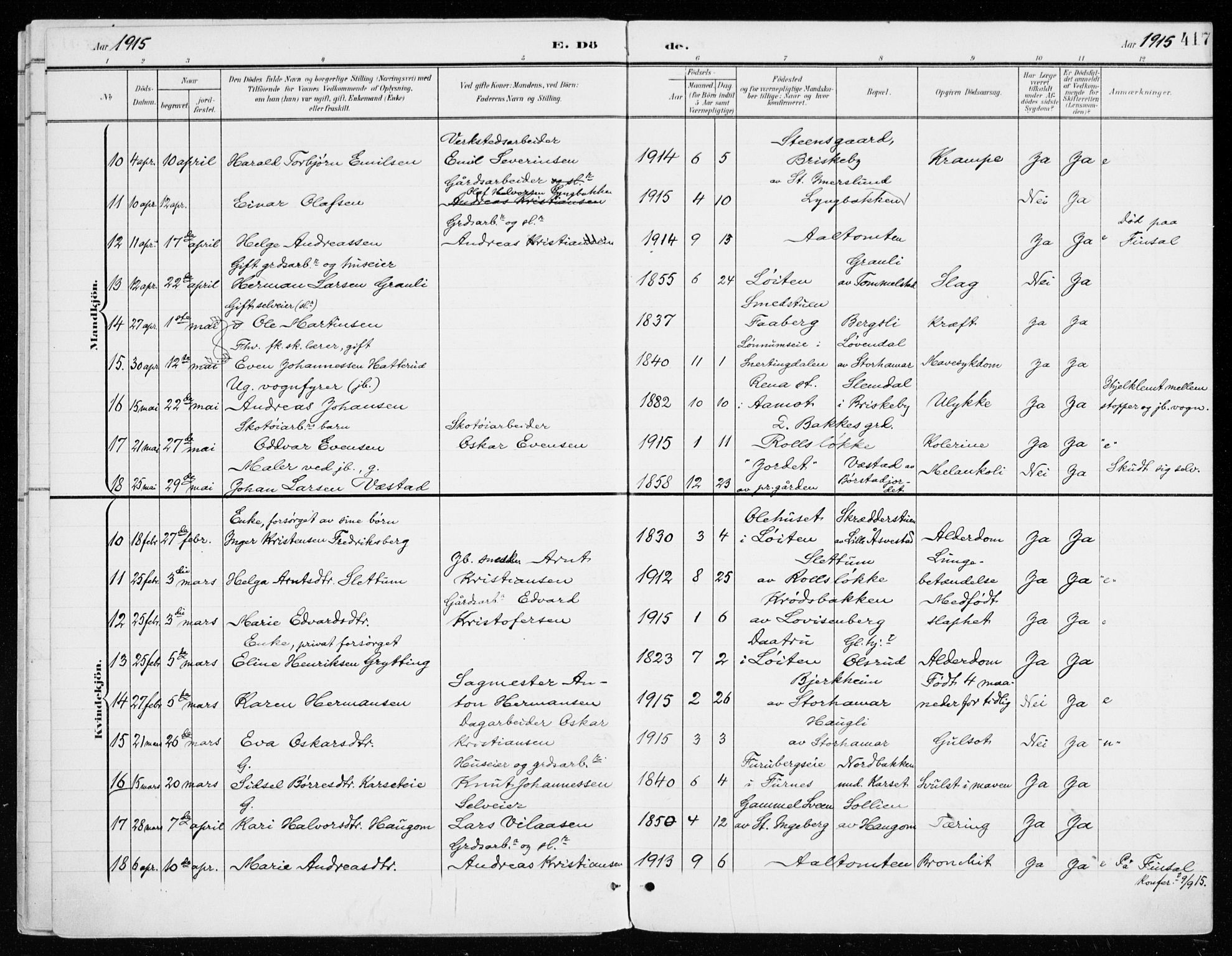 Vang prestekontor, Hedmark, AV/SAH-PREST-008/H/Ha/Haa/L0021: Parish register (official) no. 21, 1902-1917, p. 417