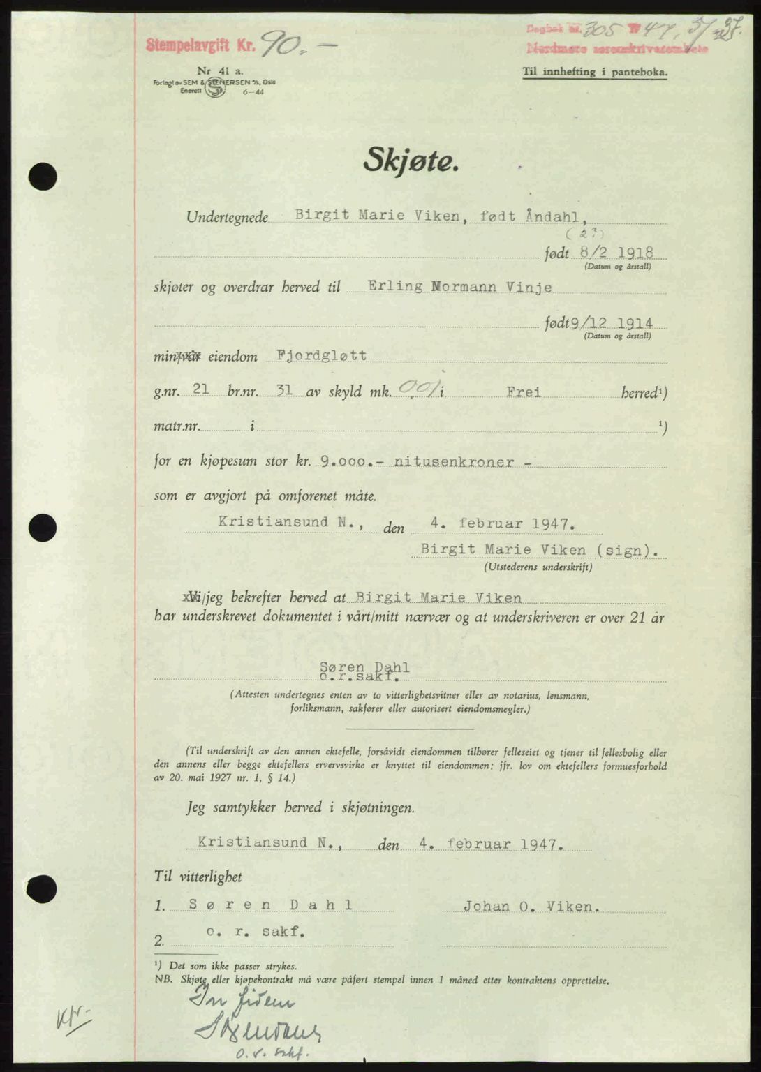 Nordmøre sorenskriveri, AV/SAT-A-4132/1/2/2Ca: Mortgage book no. A104, 1947-1947, Diary no: : 305/1947