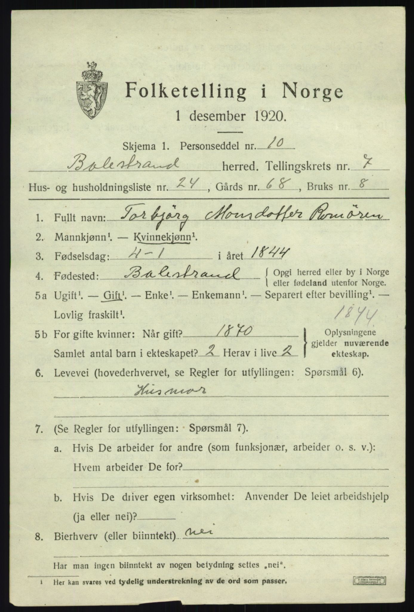 SAB, 1920 census for Balestrand, 1920, p. 3360
