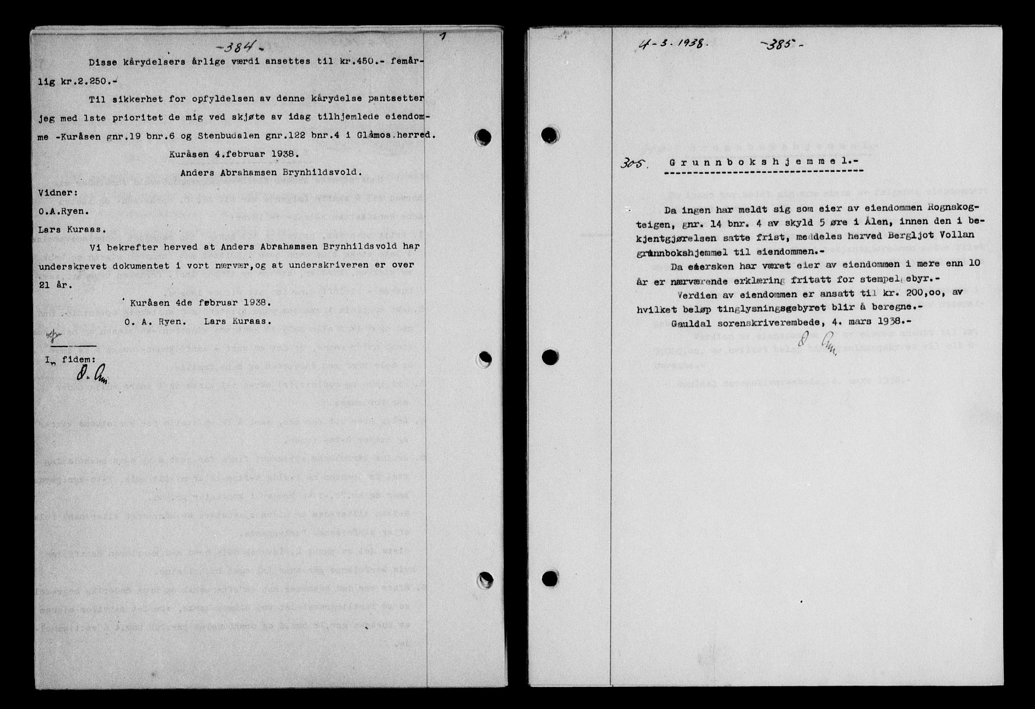 Gauldal sorenskriveri, SAT/A-0014/1/2/2C/L0048: Mortgage book no. 51-52, 1937-1938, p. 384-385, Diary no: : 305/1938