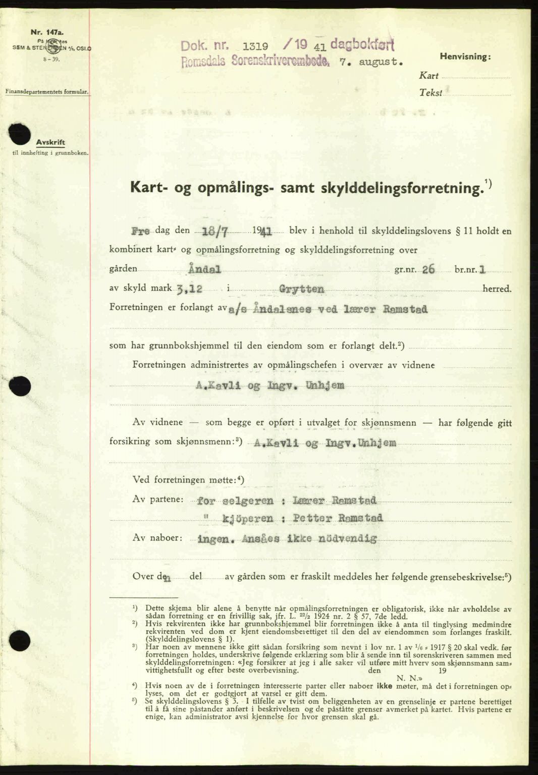 Romsdal sorenskriveri, AV/SAT-A-4149/1/2/2C: Mortgage book no. A10, 1941-1941, Diary no: : 1319/1941