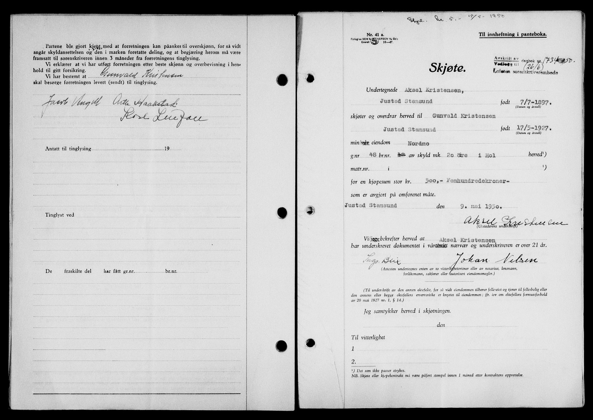 Lofoten sorenskriveri, SAT/A-0017/1/2/2C/L0023a: Mortgage book no. 23a, 1950-1950, Diary no: : 1734/1950