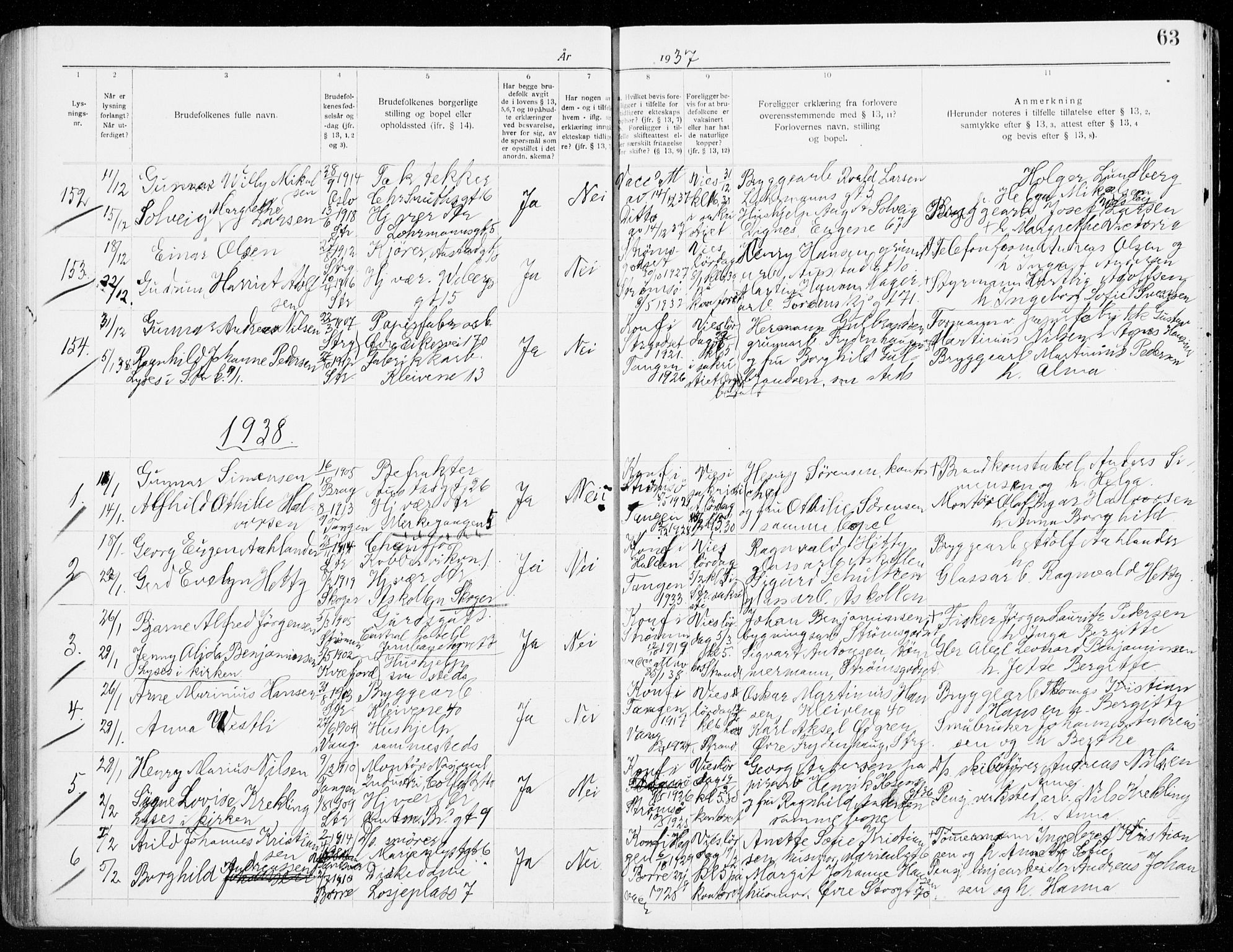 Strømsø kirkebøker, SAKO/A-246/H/Ha/L0019: Banns register no. 19, 1932-1941, p. 63