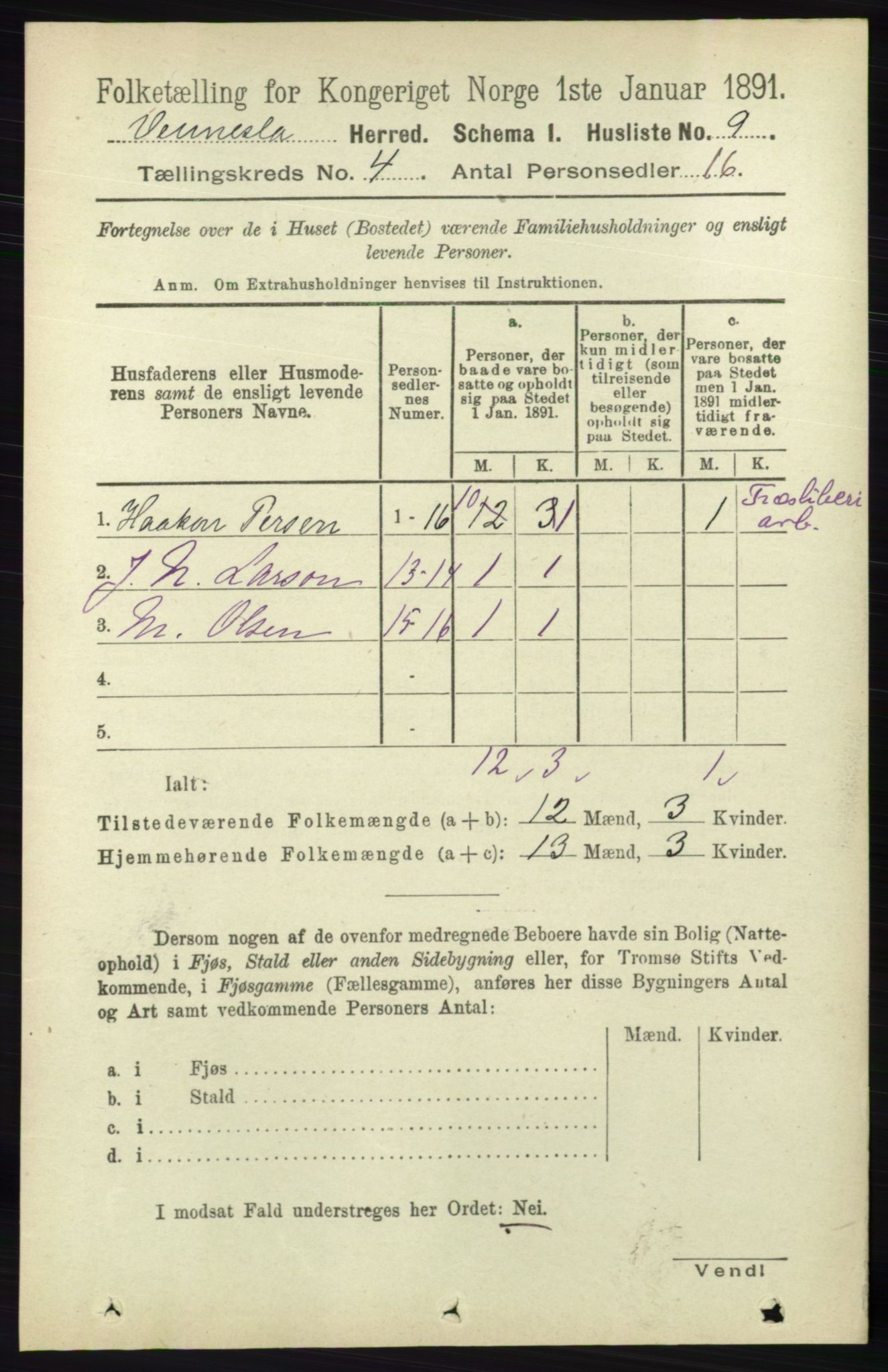 RA, 1891 census for 1014 Vennesla, 1891, p. 843