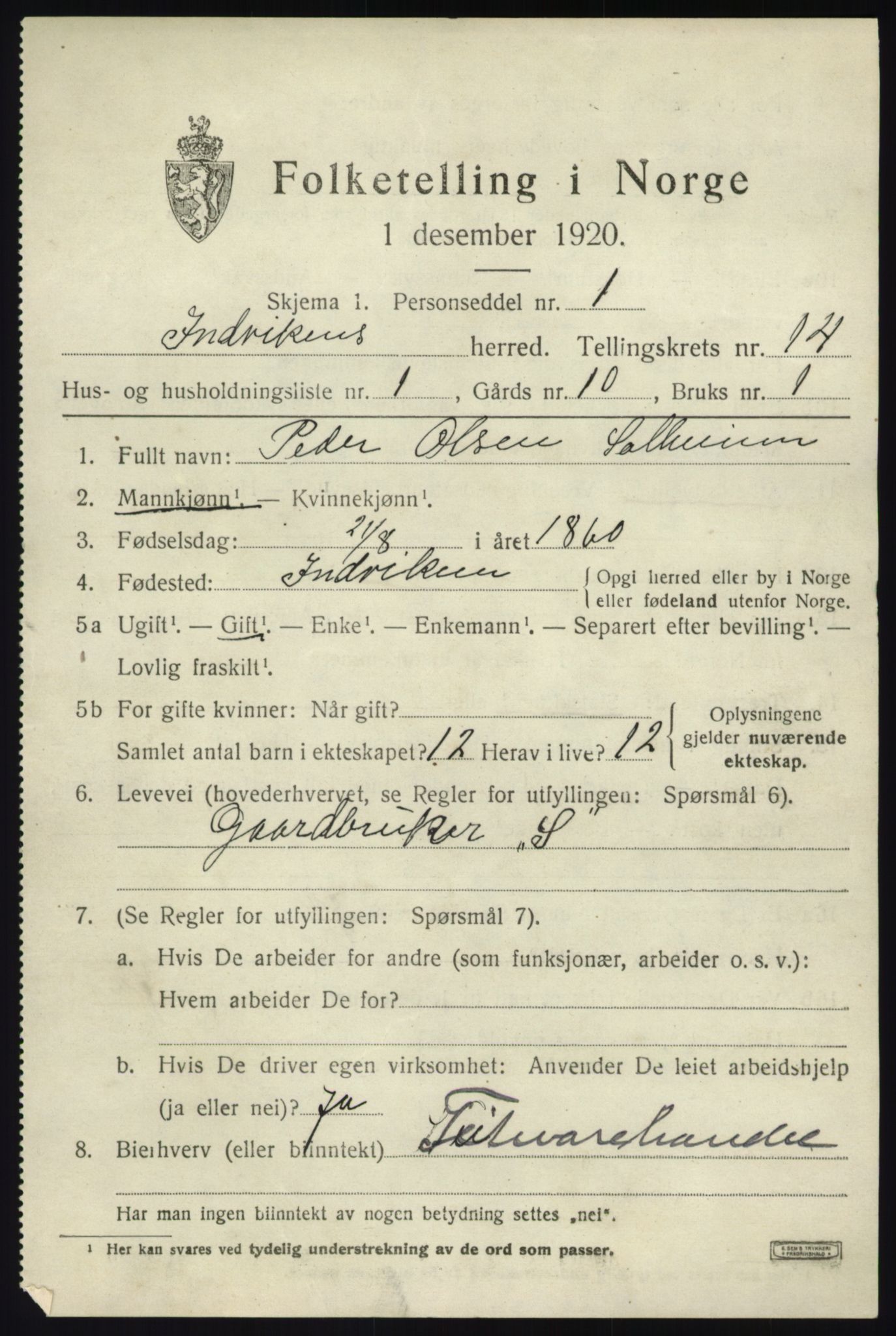 SAB, 1920 census for Innvik, 1920, p. 5791