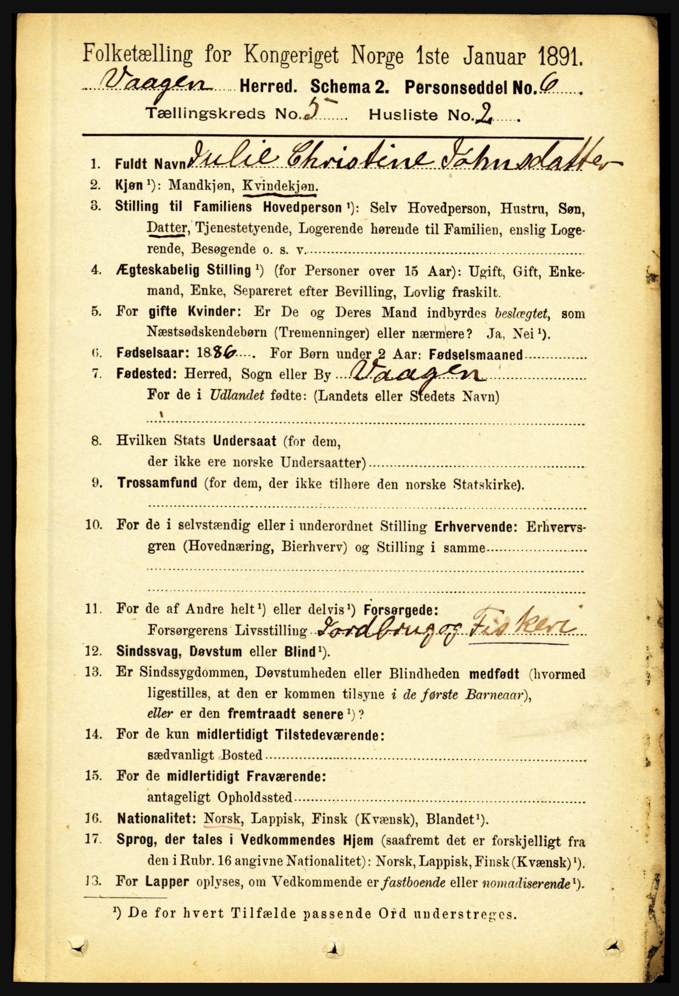 RA, 1891 census for 1865 Vågan, 1891, p. 1585