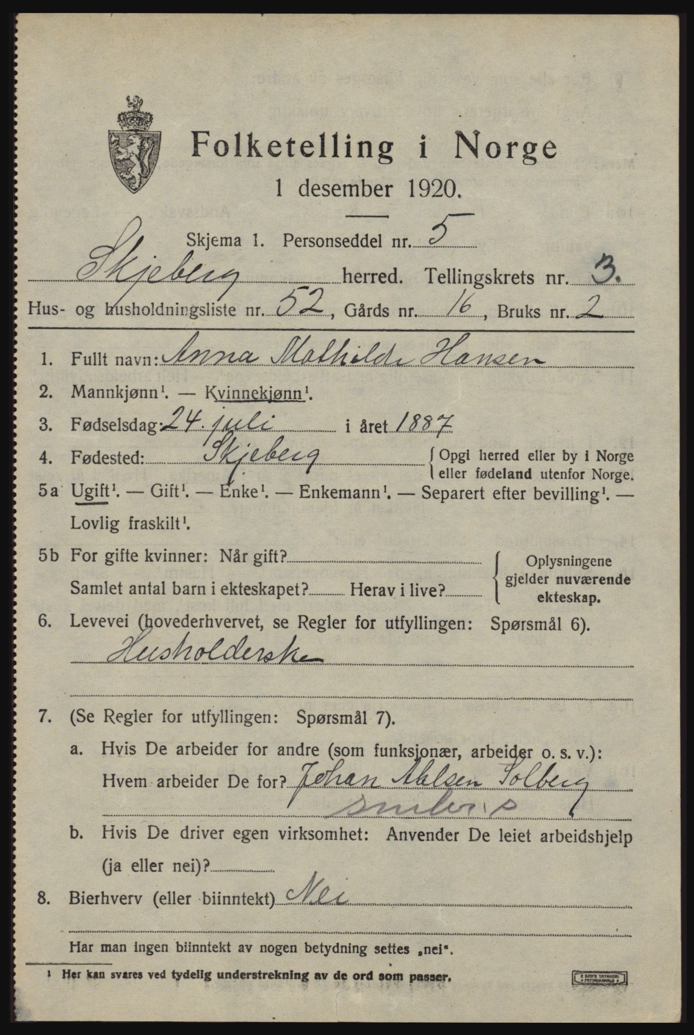 SAO, 1920 census for Skjeberg, 1920, p. 4973