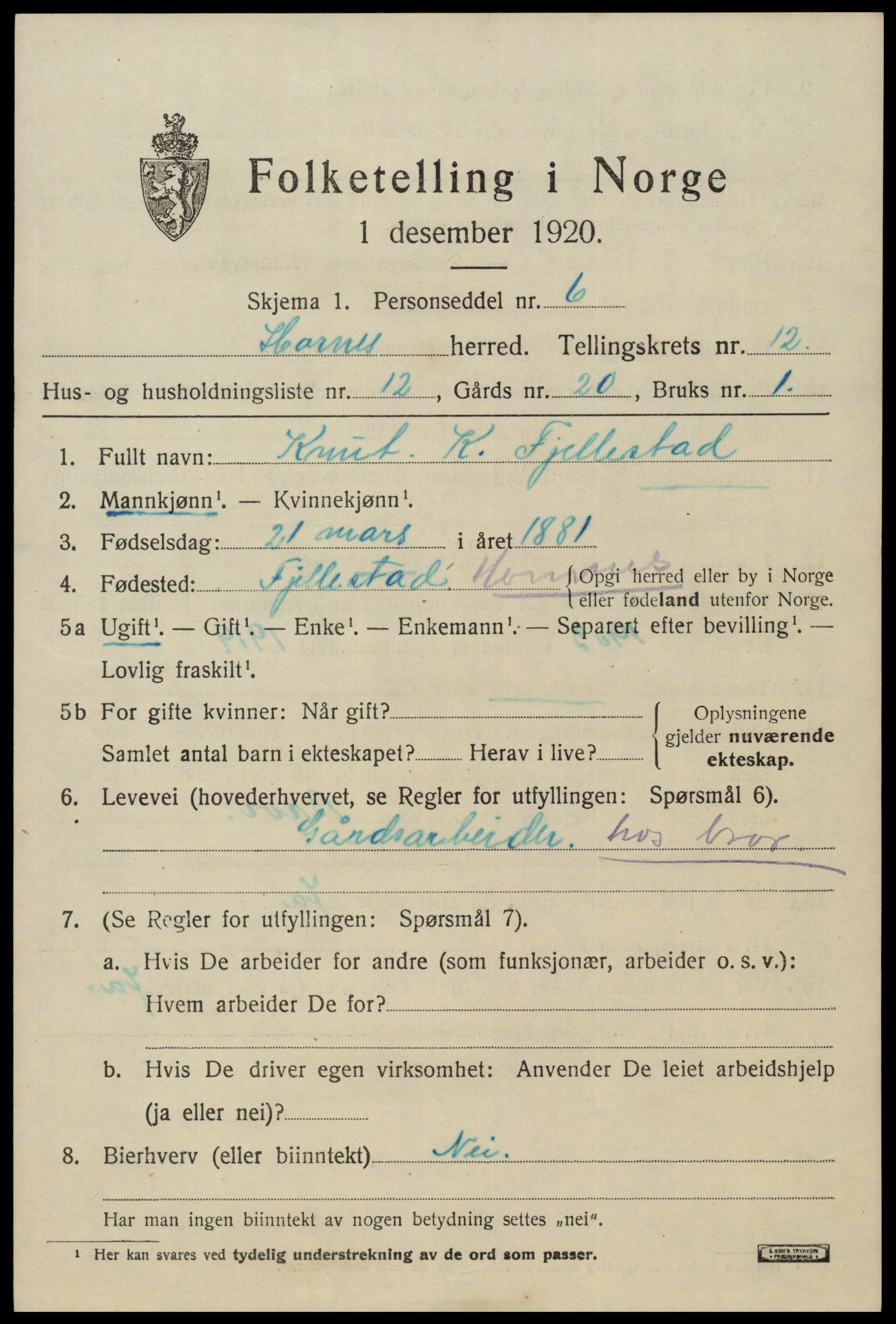 SAK, 1920 census for Hornnes, 1920, p. 3025