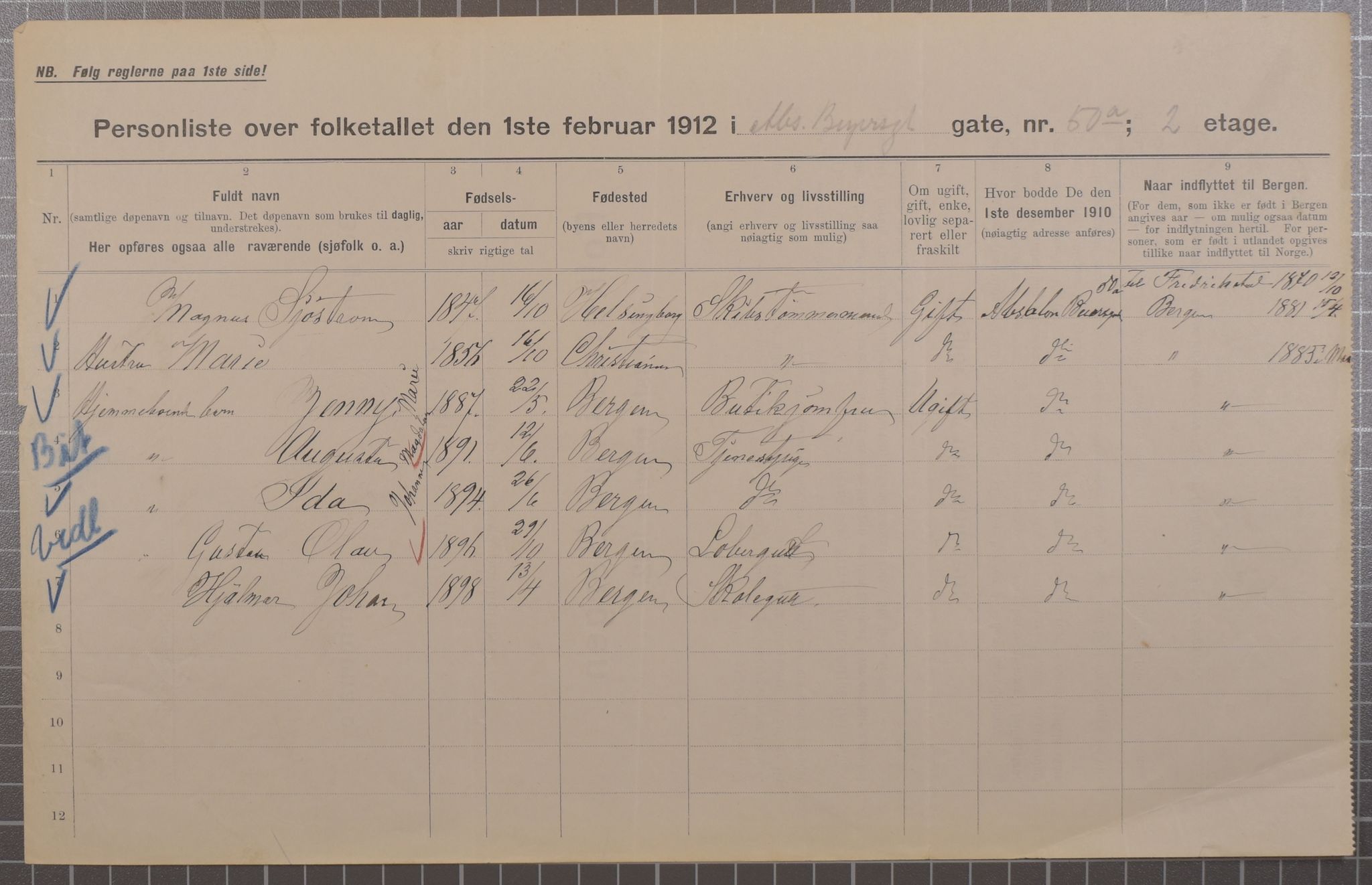 SAB, Municipal Census 1912 for Bergen, 1912, p. 926