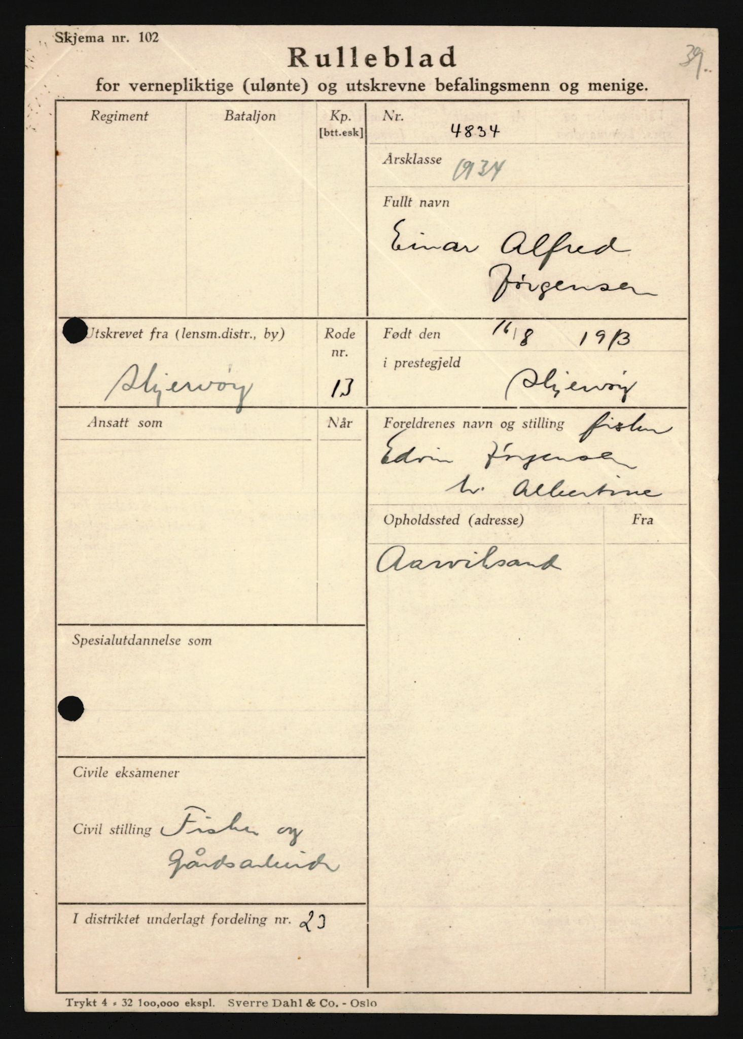 Forsvaret, Troms infanteriregiment nr. 16, AV/RA-RAFA-3146/P/Pa/L0018: Rulleblad for regimentets menige mannskaper, årsklasse 1934, 1934, p. 609