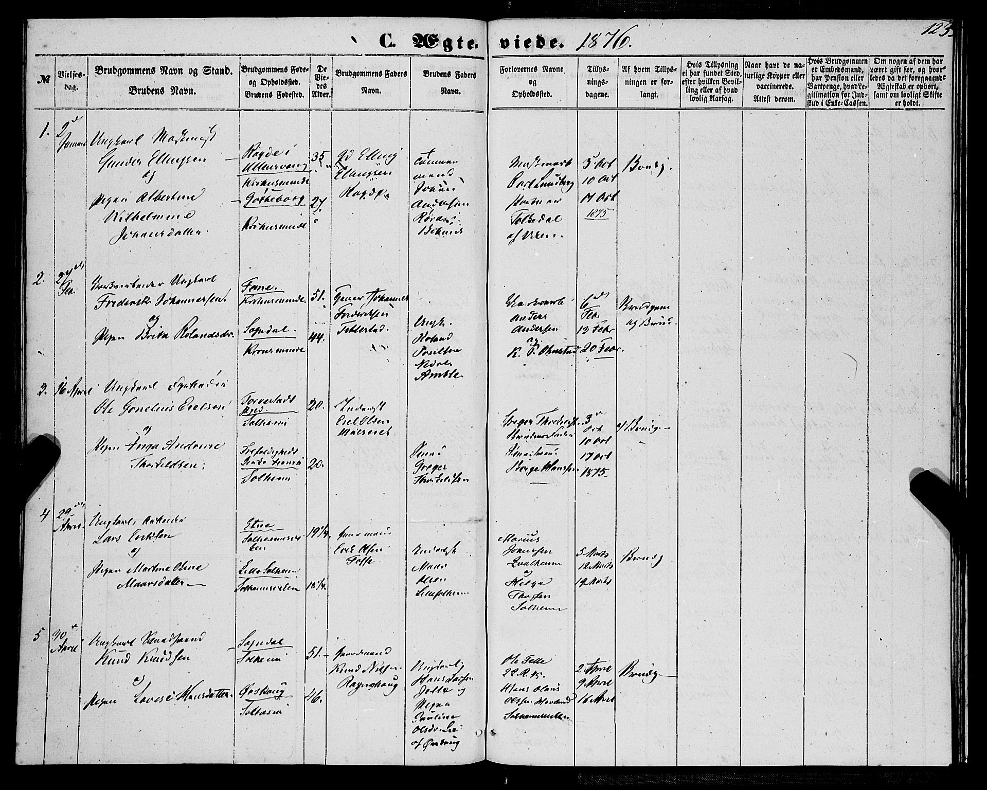 St. Jørgens hospital og Årstad sokneprestembete, SAB/A-99934: Parish register (official) no. A 9, 1853-1878, p. 123