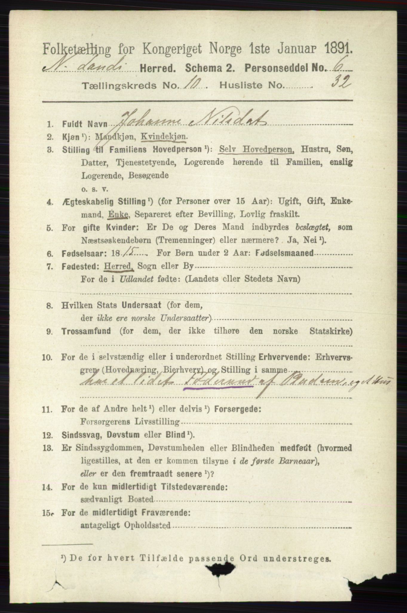 RA, 1891 census for 0538 Nordre Land, 1891, p. 2998