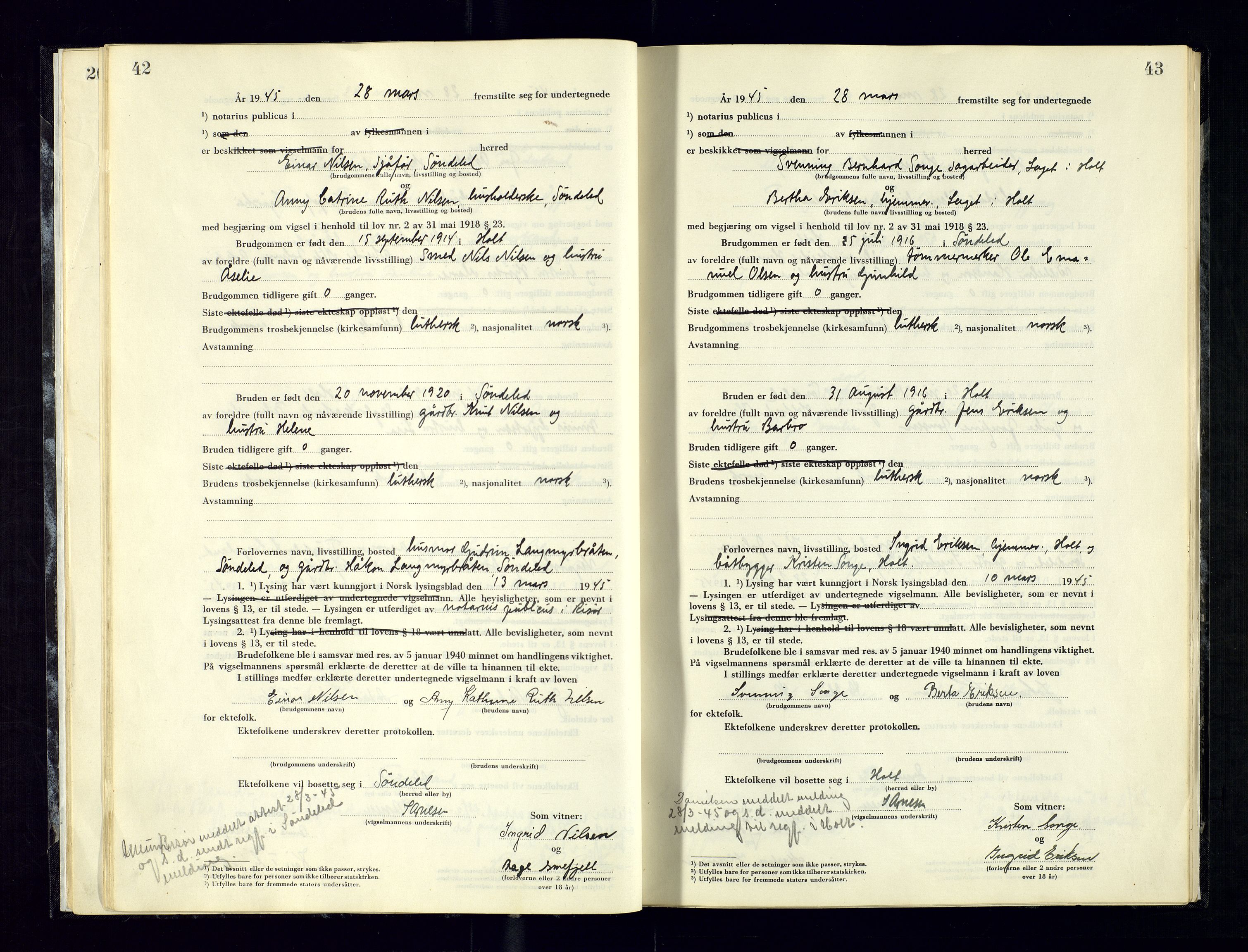 Holt sorenskriveri, AV/SAK-1221-0002/L/Ld/L0003: Vigselbok nr. 2, 1944-1964, p. 42-43