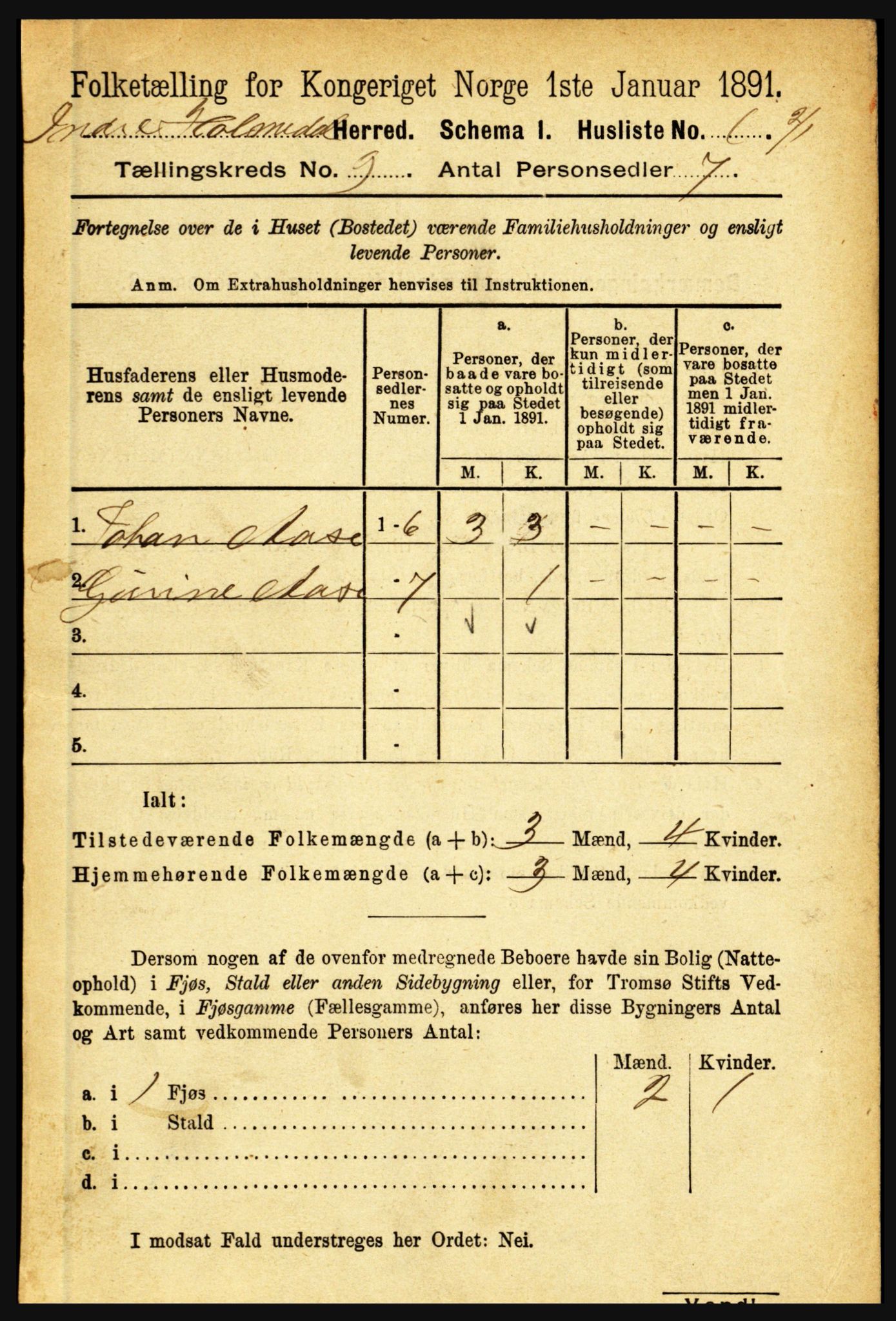 RA, 1891 census for 1430 Indre Holmedal, 1891, p. 3953