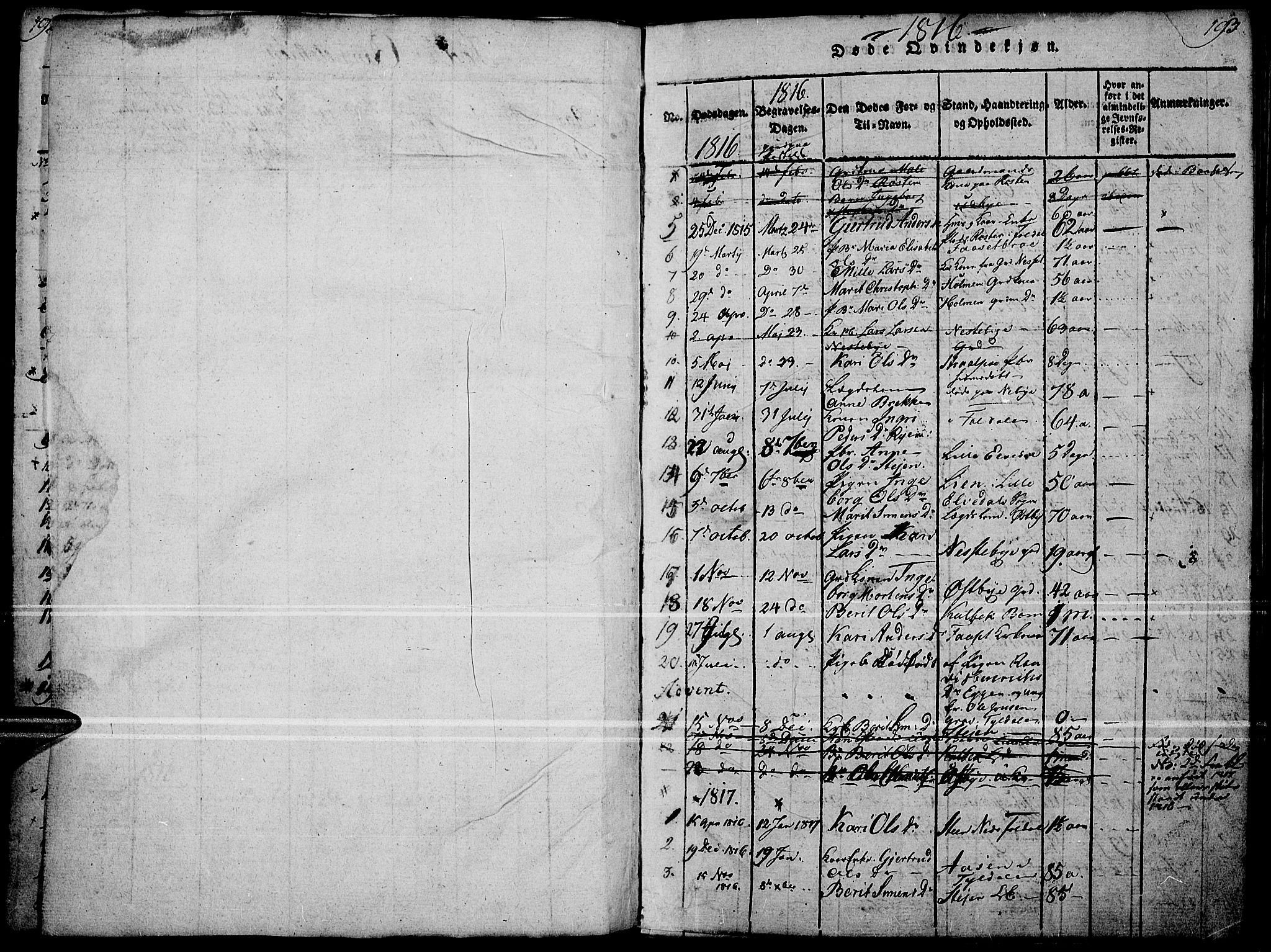 Tynset prestekontor, SAH/PREST-058/H/Ha/Haa/L0018: Parish register (official) no. 18, 1815-1829, p. 192-193