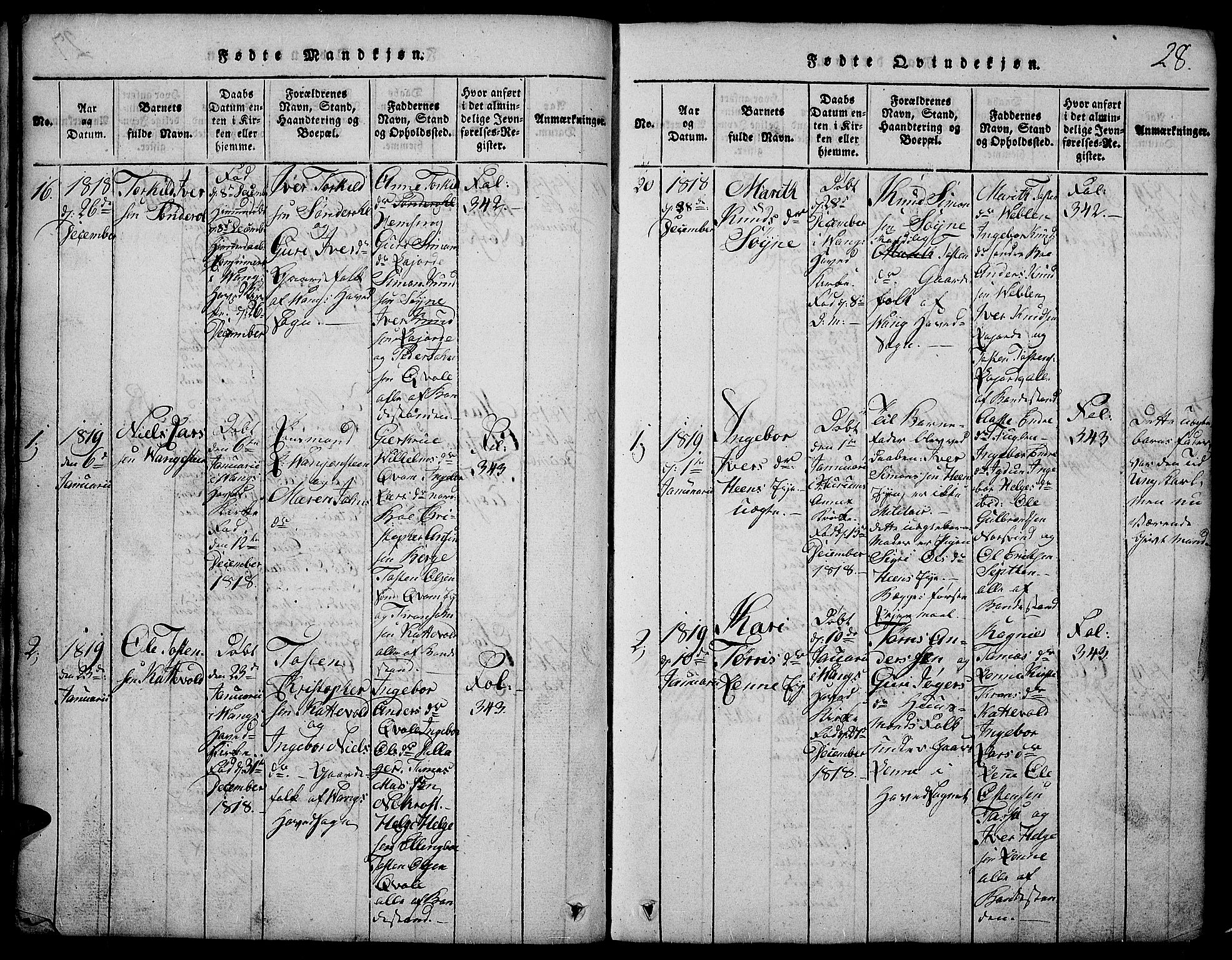 Vang prestekontor, Valdres, SAH/PREST-140/H/Hb/L0002: Parish register (copy) no. 2, 1814-1889, p. 28