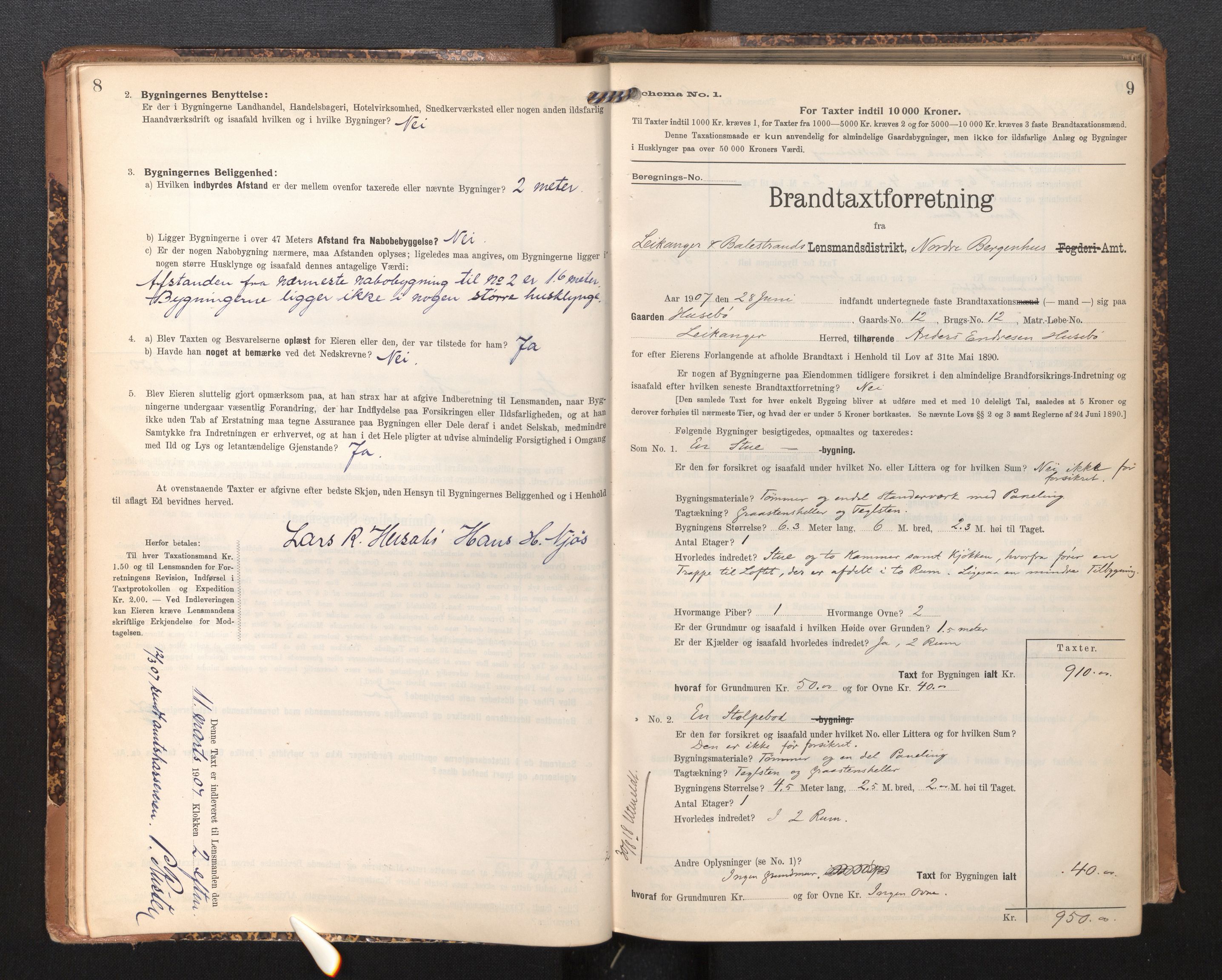 Lensmannen i Leikanger, AV/SAB-A-29201/0012/L0005: Branntakstprotokoll, skjematakst, 1907-1917, p. 8-9