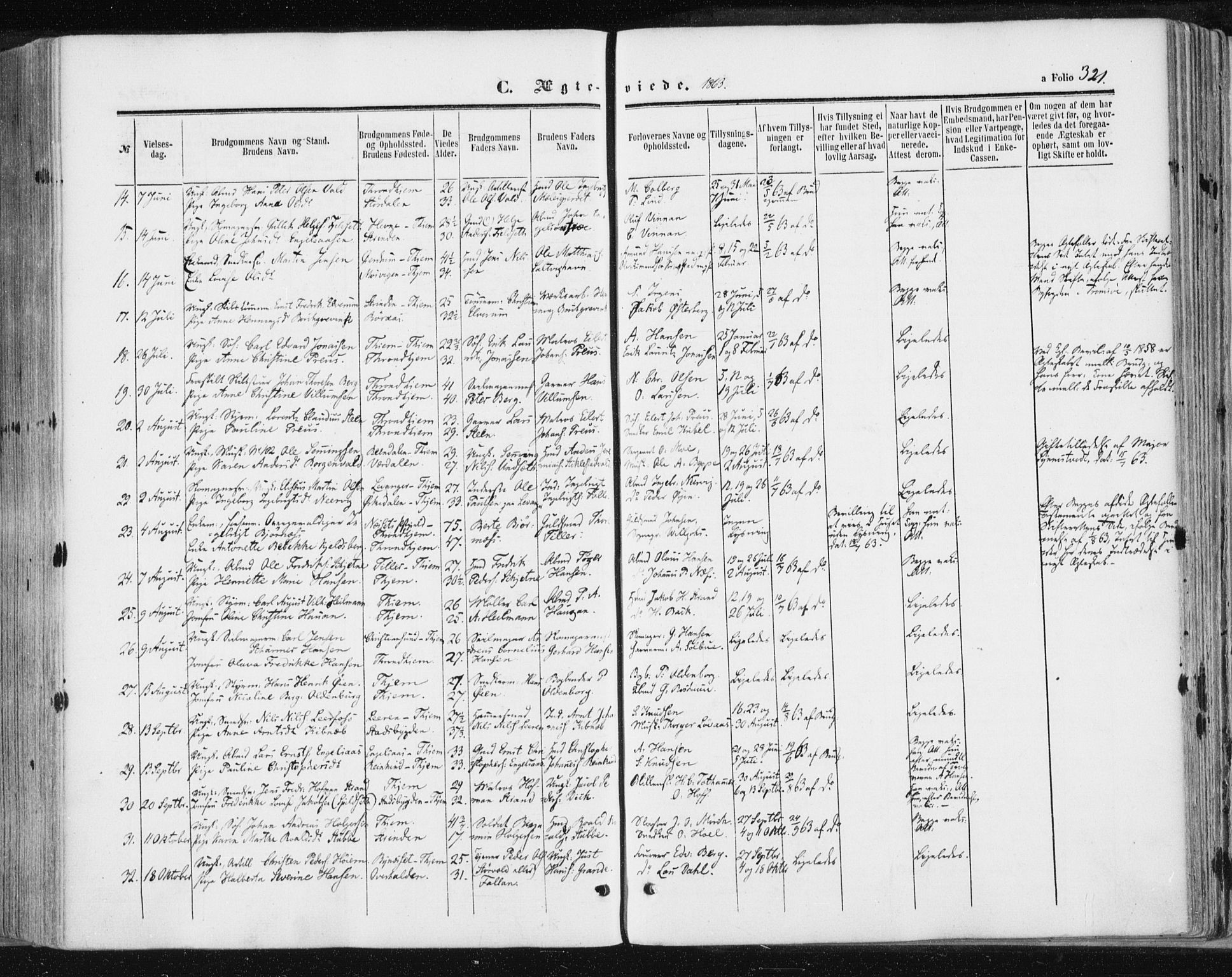Ministerialprotokoller, klokkerbøker og fødselsregistre - Sør-Trøndelag, SAT/A-1456/602/L0115: Parish register (official) no. 602A13, 1860-1872, p. 321