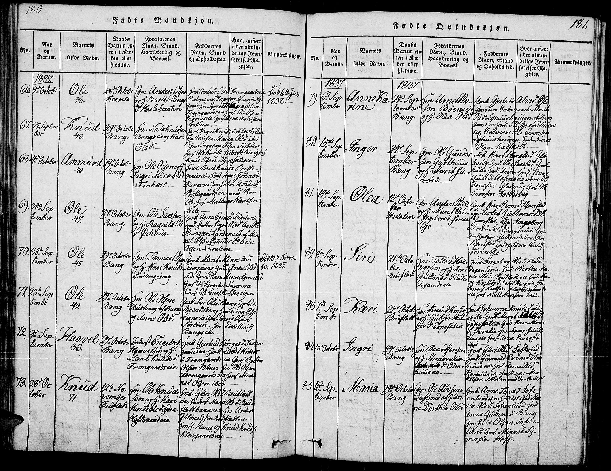 Sør-Aurdal prestekontor, SAH/PREST-128/H/Ha/Hab/L0002: Parish register (copy) no. 2, 1826-1840, p. 180-181