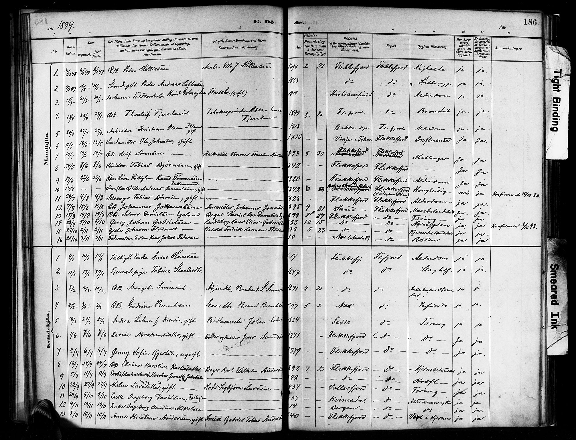 Flekkefjord sokneprestkontor, SAK/1111-0012/F/Fa/Faa/L0001: Parish register (official) no. A 1, 1885-1900, p. 186