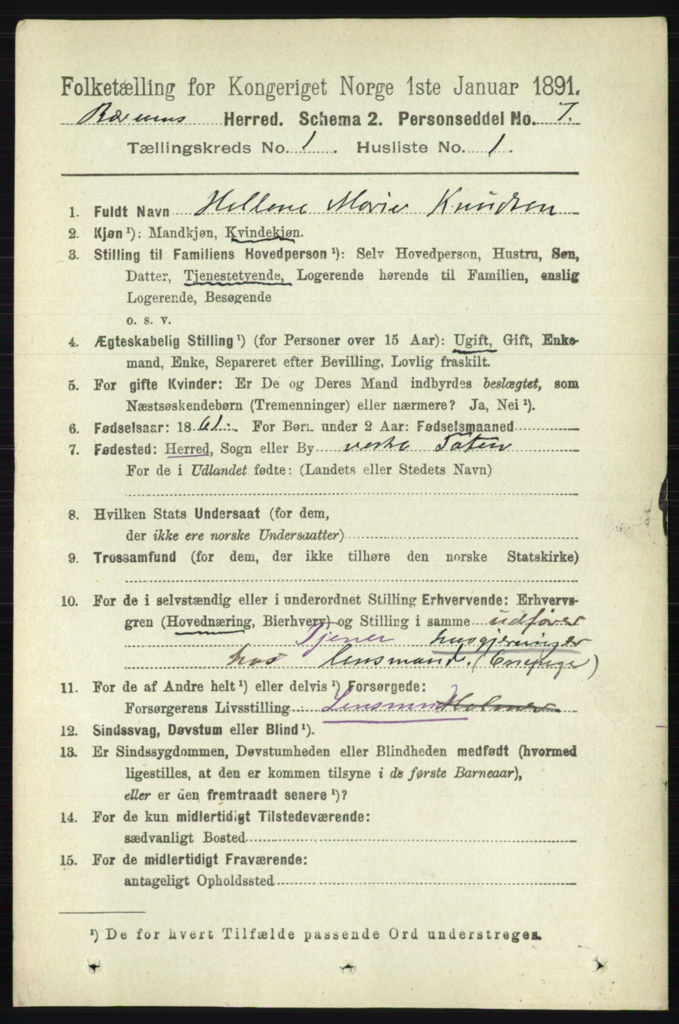 RA, 1891 census for 0219 Bærum, 1891, p. 154