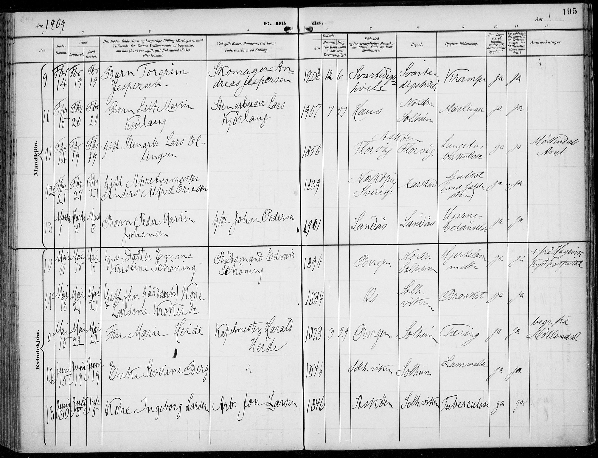 Årstad Sokneprestembete, AV/SAB-A-79301/H/Haa/L0009: Parish register (official) no. C 1, 1902-1918, p. 195