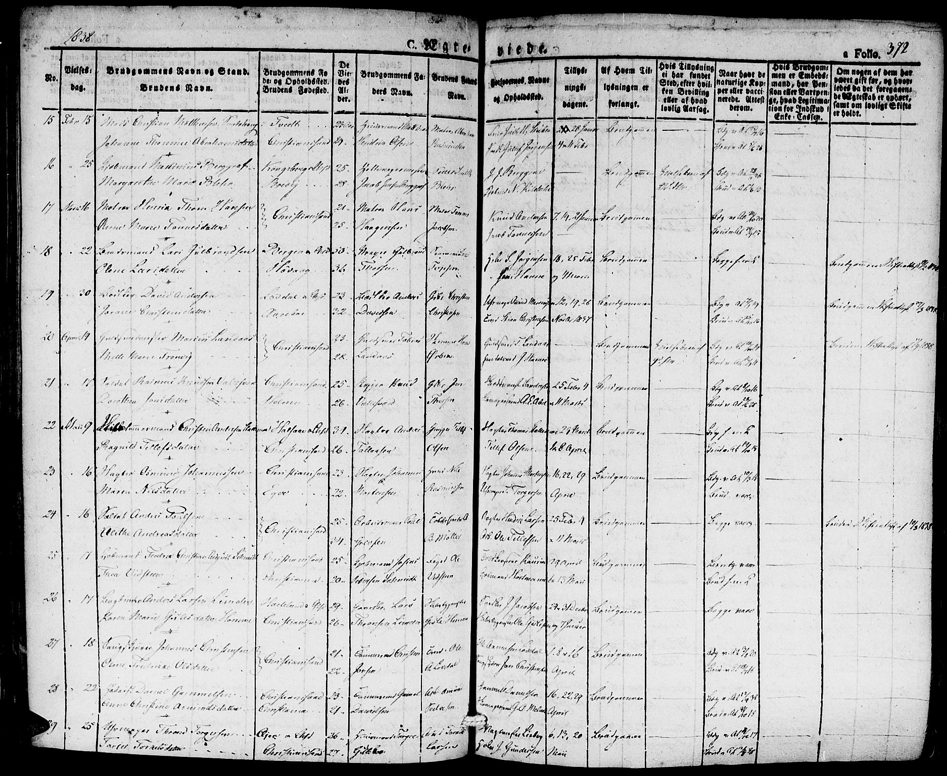 Kristiansand domprosti, SAK/1112-0006/F/Fa/L0011: Parish register (official) no. A 11, 1827-1841, p. 372