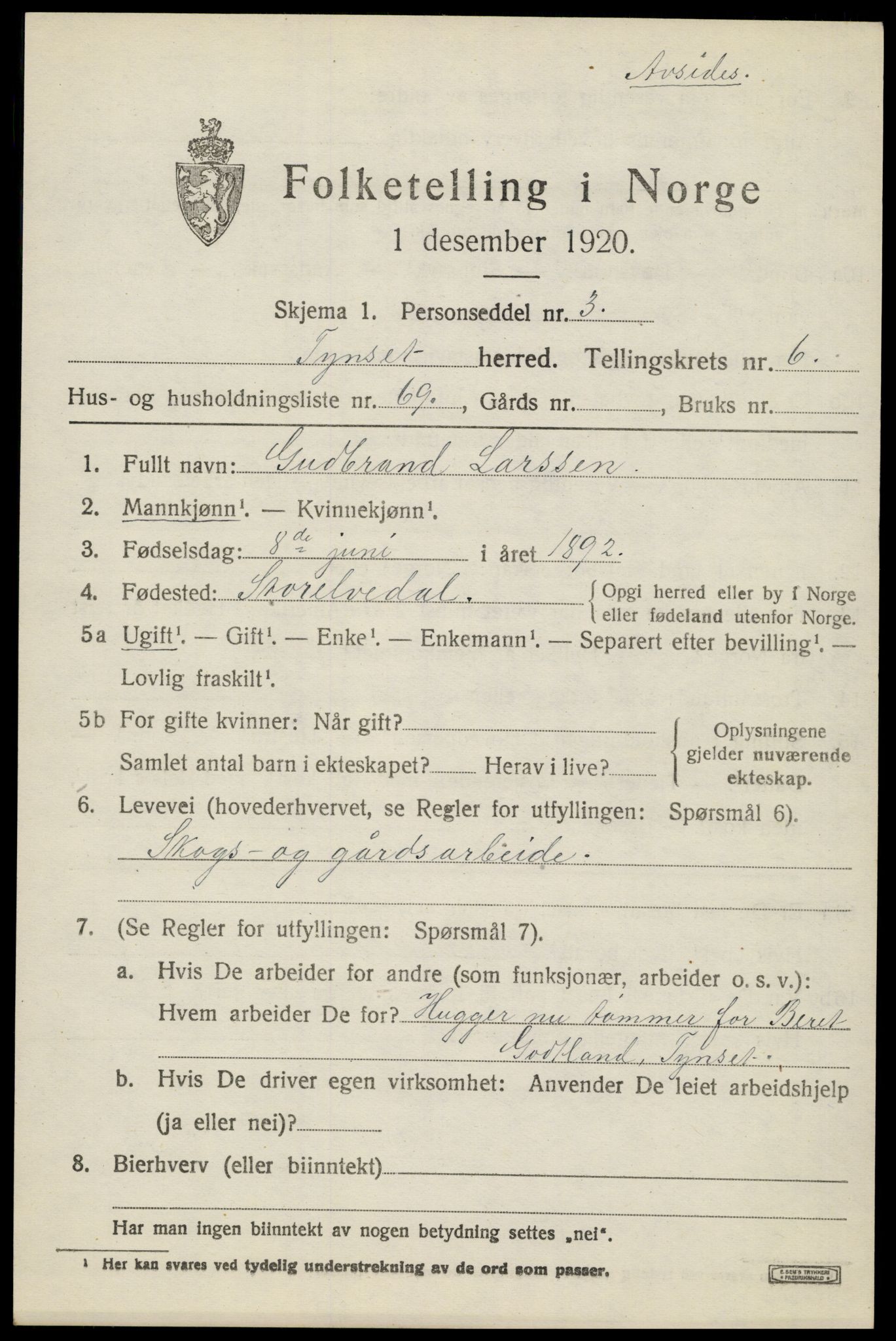 SAH, 1920 census for Tynset, 1920, p. 6170