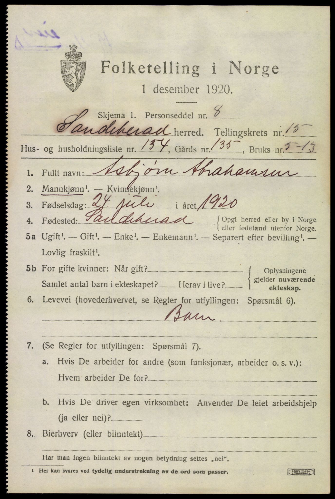 SAKO, 1920 census for Sandeherred, 1920, p. 24614