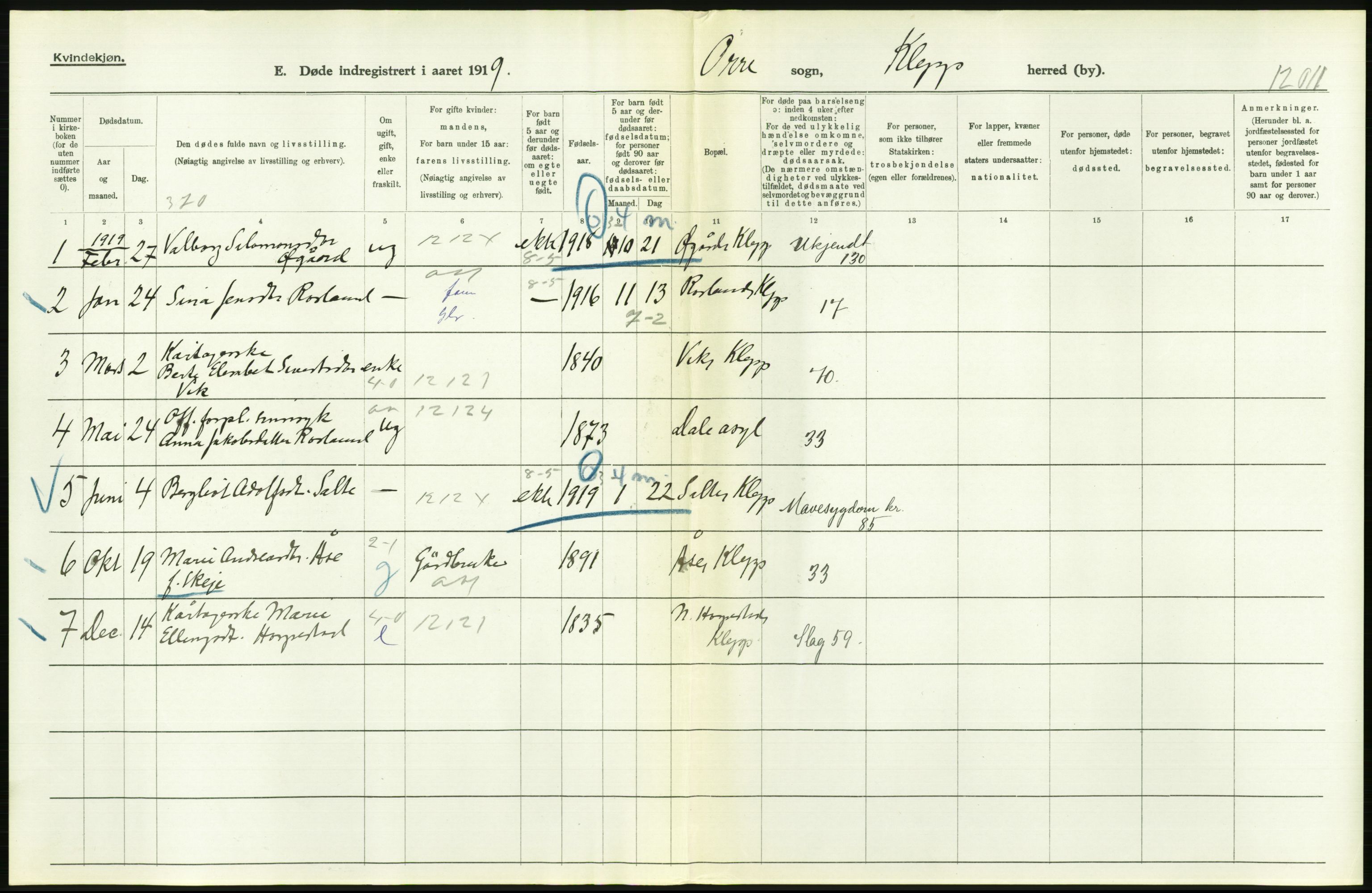 Statistisk sentralbyrå, Sosiodemografiske emner, Befolkning, RA/S-2228/D/Df/Dfb/Dfbi/L0030: Rogaland fylke: Døde. Bygder og byer., 1919, p. 220