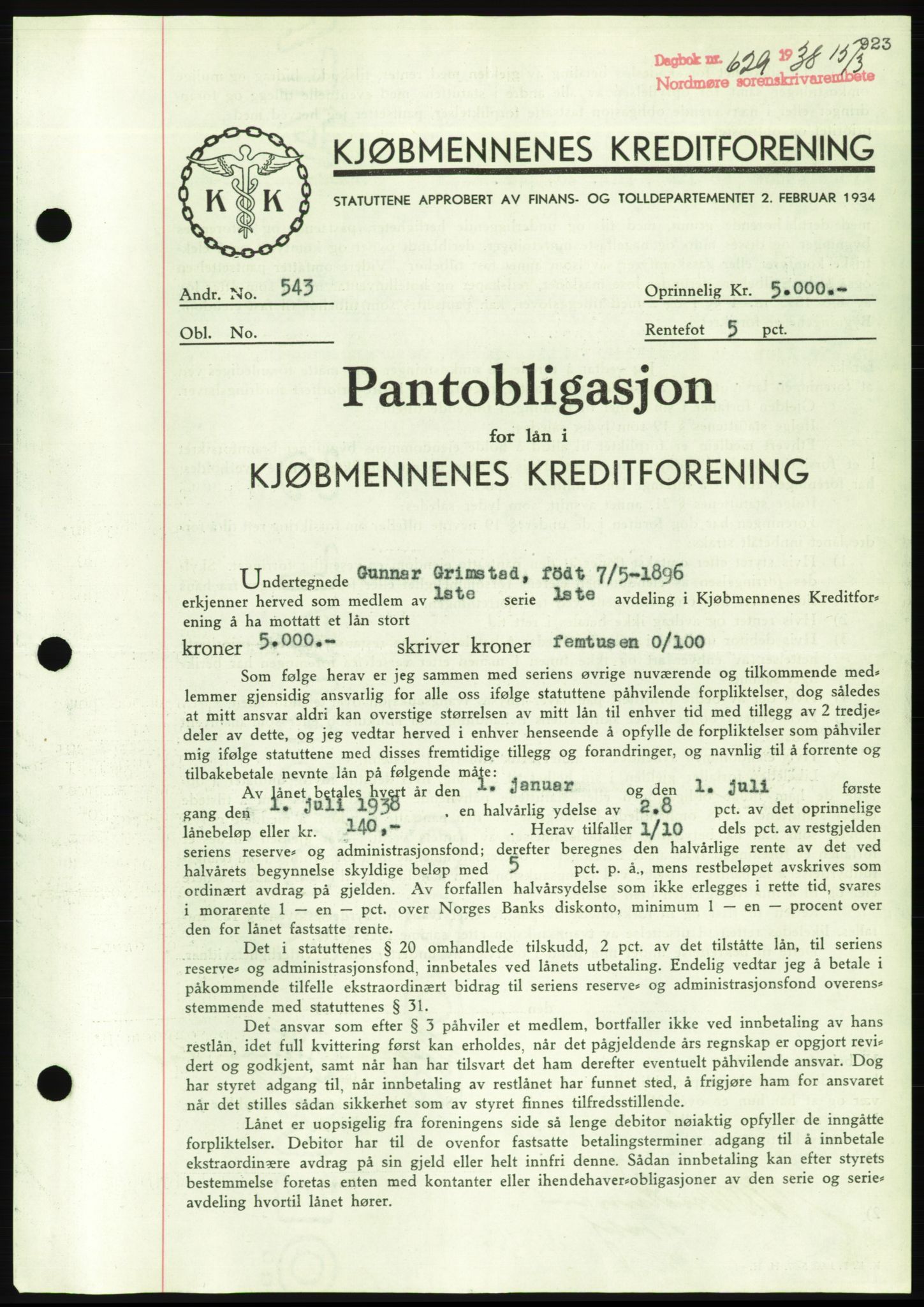 Nordmøre sorenskriveri, AV/SAT-A-4132/1/2/2Ca/L0092: Mortgage book no. B82, 1937-1938, Diary no: : 629/1938