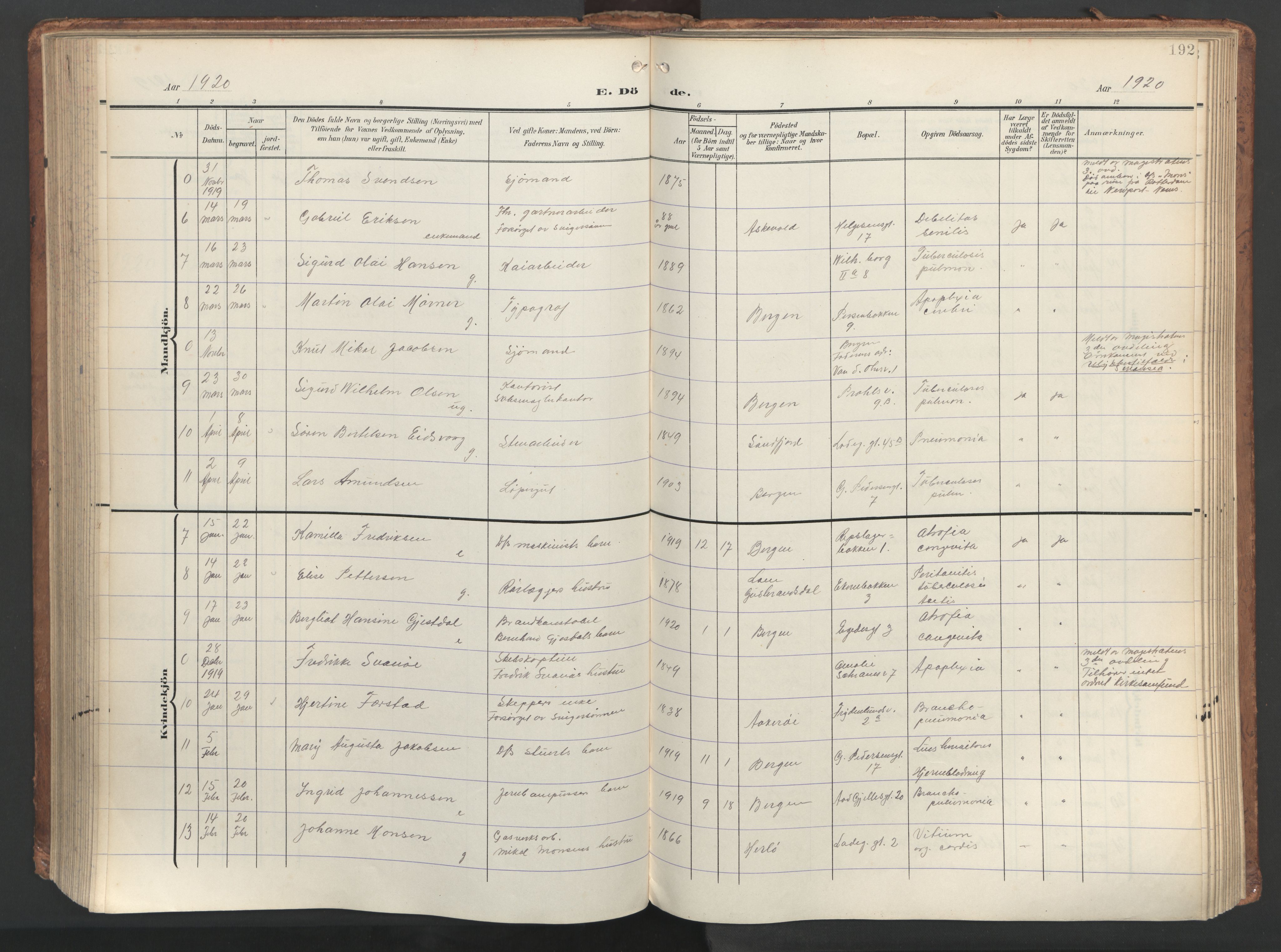 Sandviken Sokneprestembete, AV/SAB-A-77601/H/Ha/L0019: Parish register (official) no. E 2, 1905-1933, p. 192