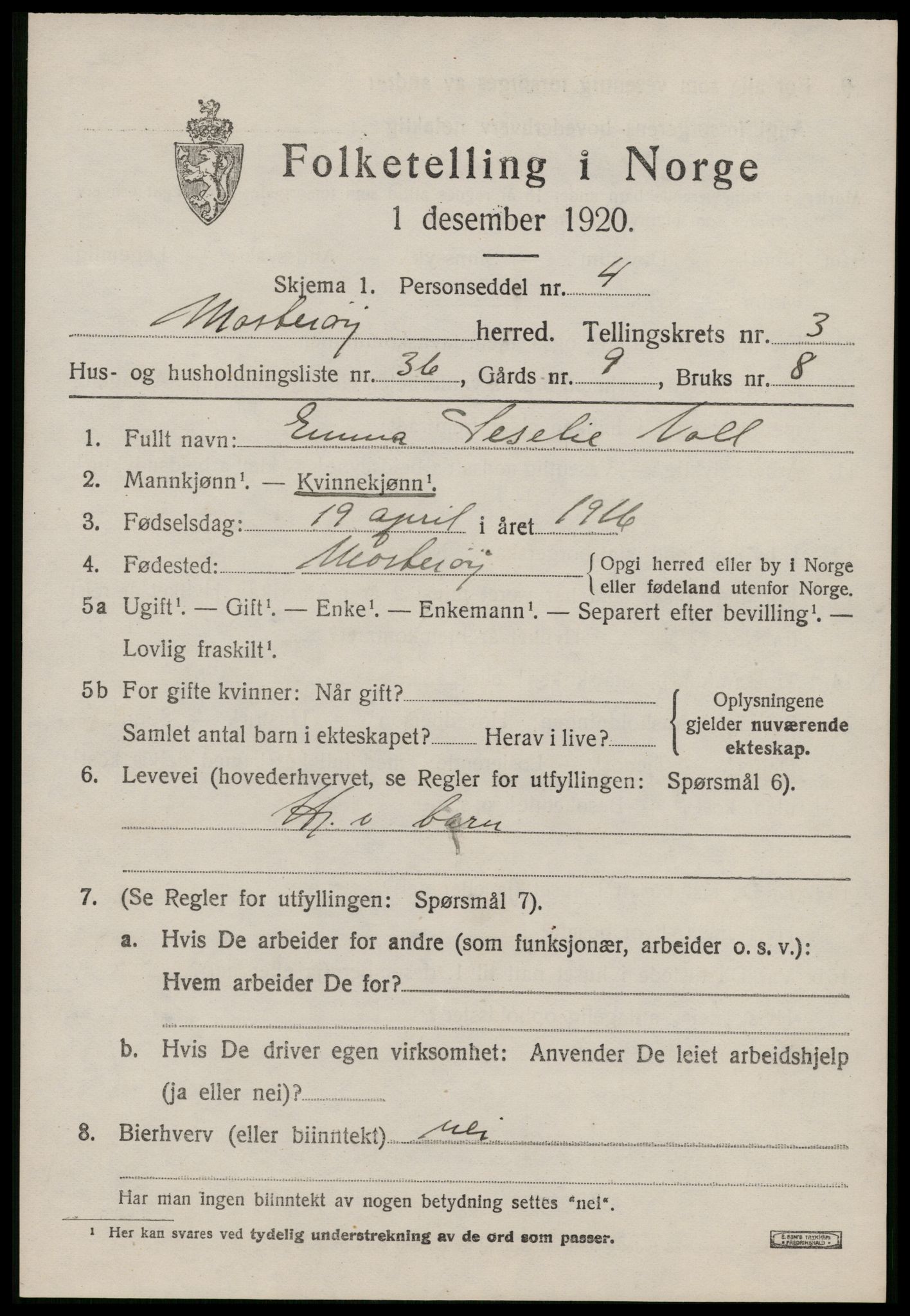 SAST, 1920 census for Mosterøy, 1920, p. 1446