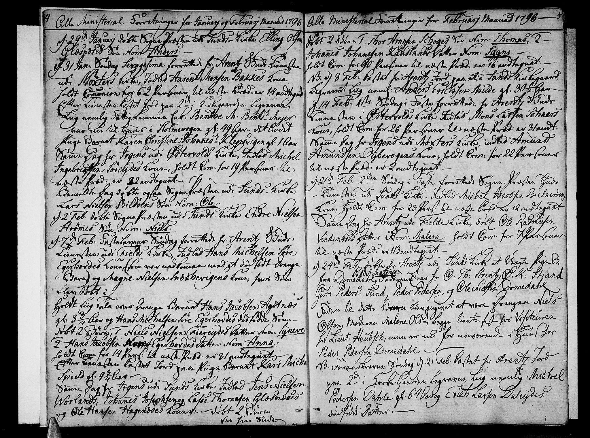 Sund sokneprestembete, SAB/A-99930: Parish register (official) no. A 7, 1796-1815, p. 4-5