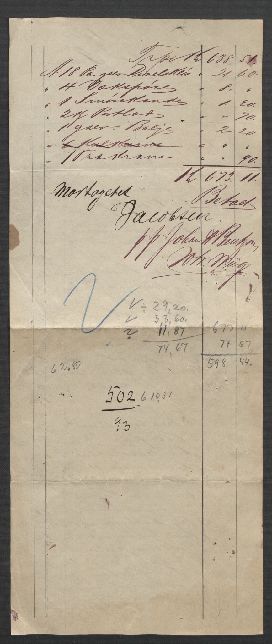 Arbeidskomitéen for Fridtjof Nansens polarekspedisjon, AV/RA-PA-0061/R/L0008/0005: Regnskapsbilag nr. 1-554 / Kassabilag 501-554, 1892-1893, p. 6