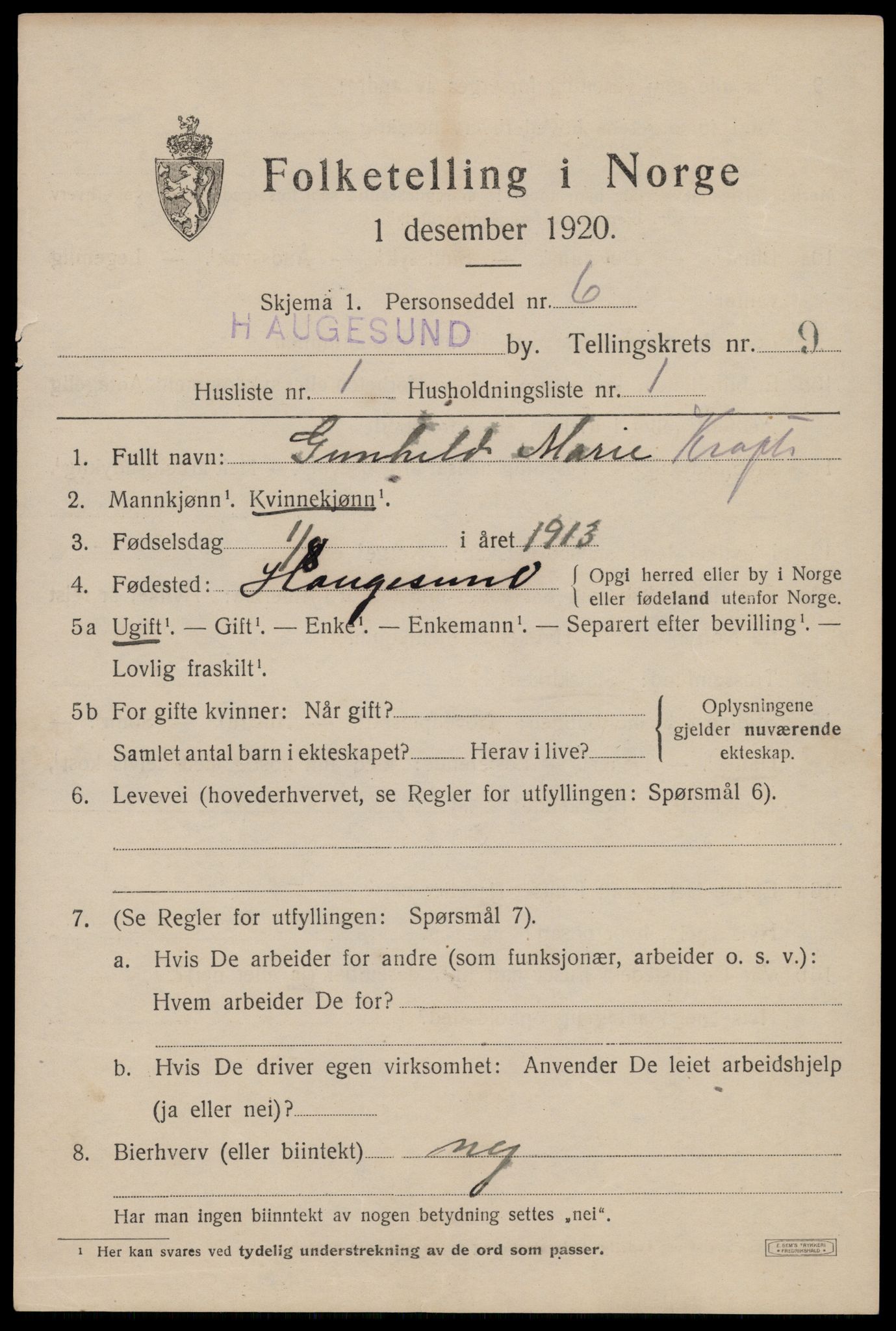 SAST, 1920 census for Haugesund, 1920, p. 32185