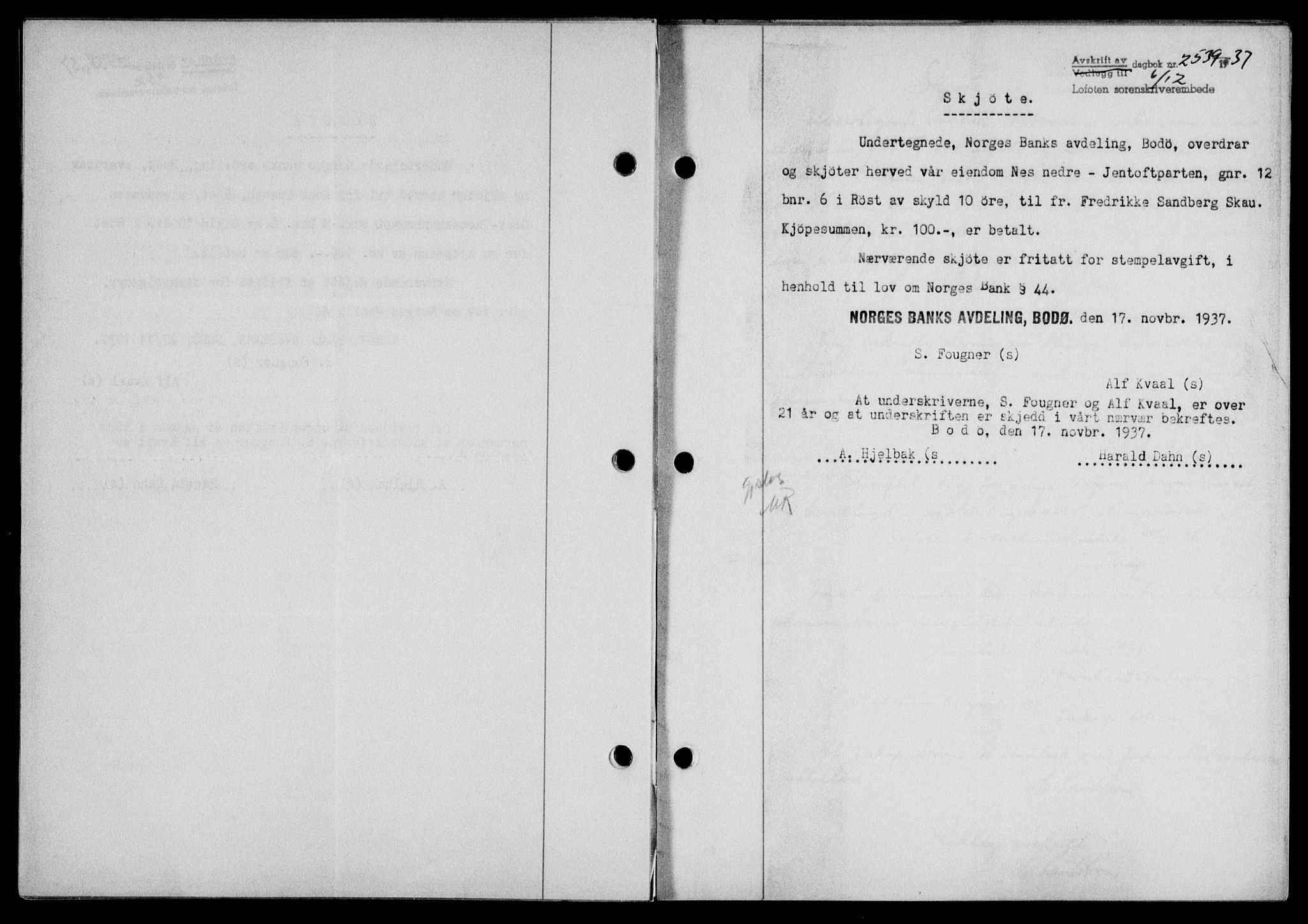 Lofoten sorenskriveri, SAT/A-0017/1/2/2C/L0003a: Mortgage book no. 3a, 1937-1938, Diary no: : 2539/1937