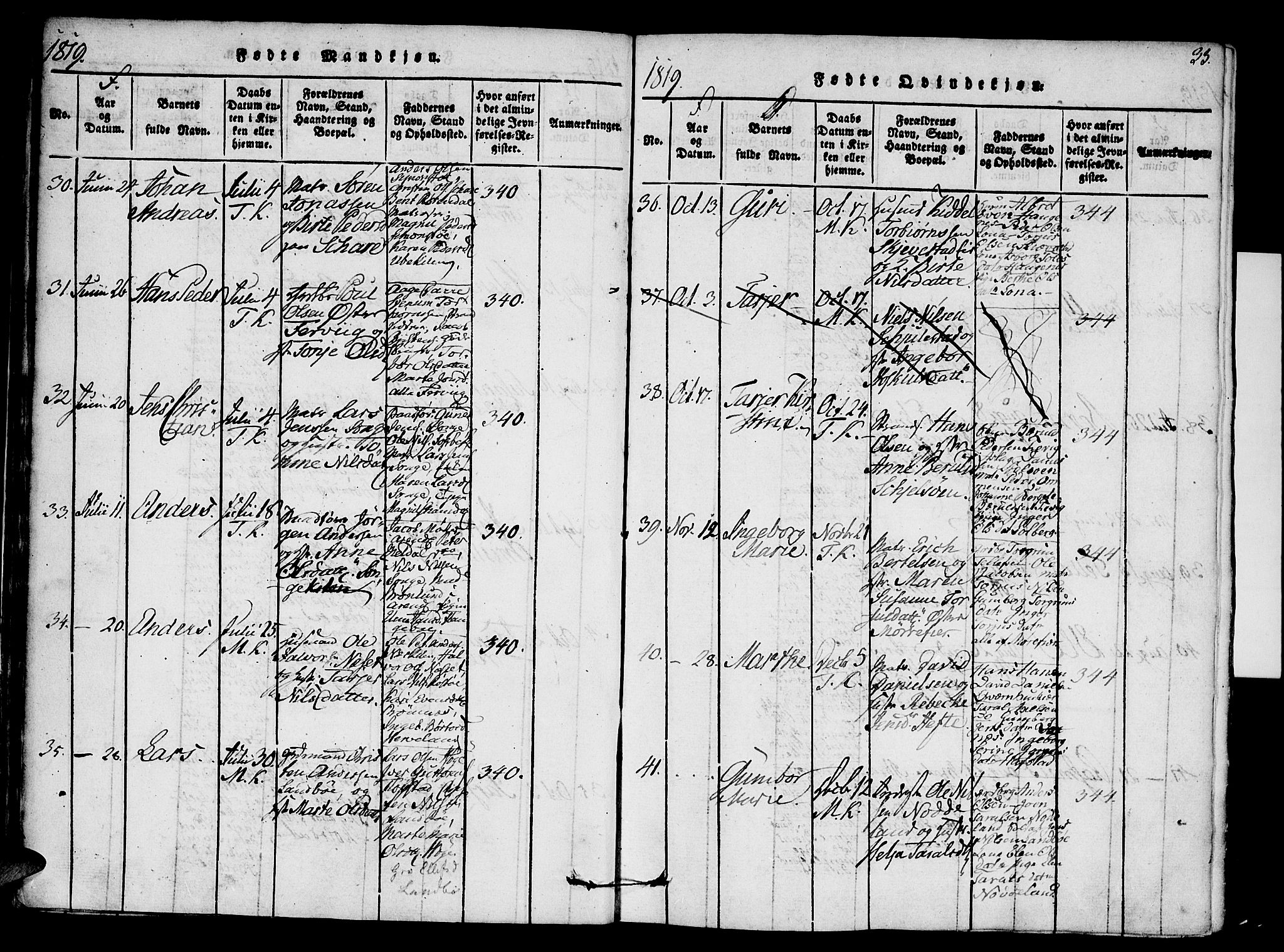 Austre Moland sokneprestkontor, AV/SAK-1111-0001/F/Fa/Faa/L0004: Parish register (official) no. A 4, 1816-1824, p. 33