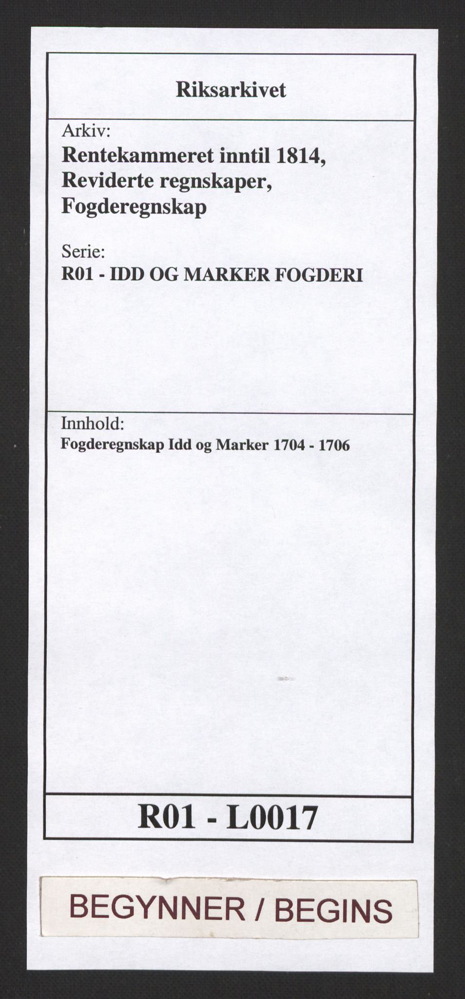 Rentekammeret inntil 1814, Reviderte regnskaper, Fogderegnskap, RA/EA-4092/R01/L0017: Fogderegnskap Idd og Marker, 1704-1706, p. 1