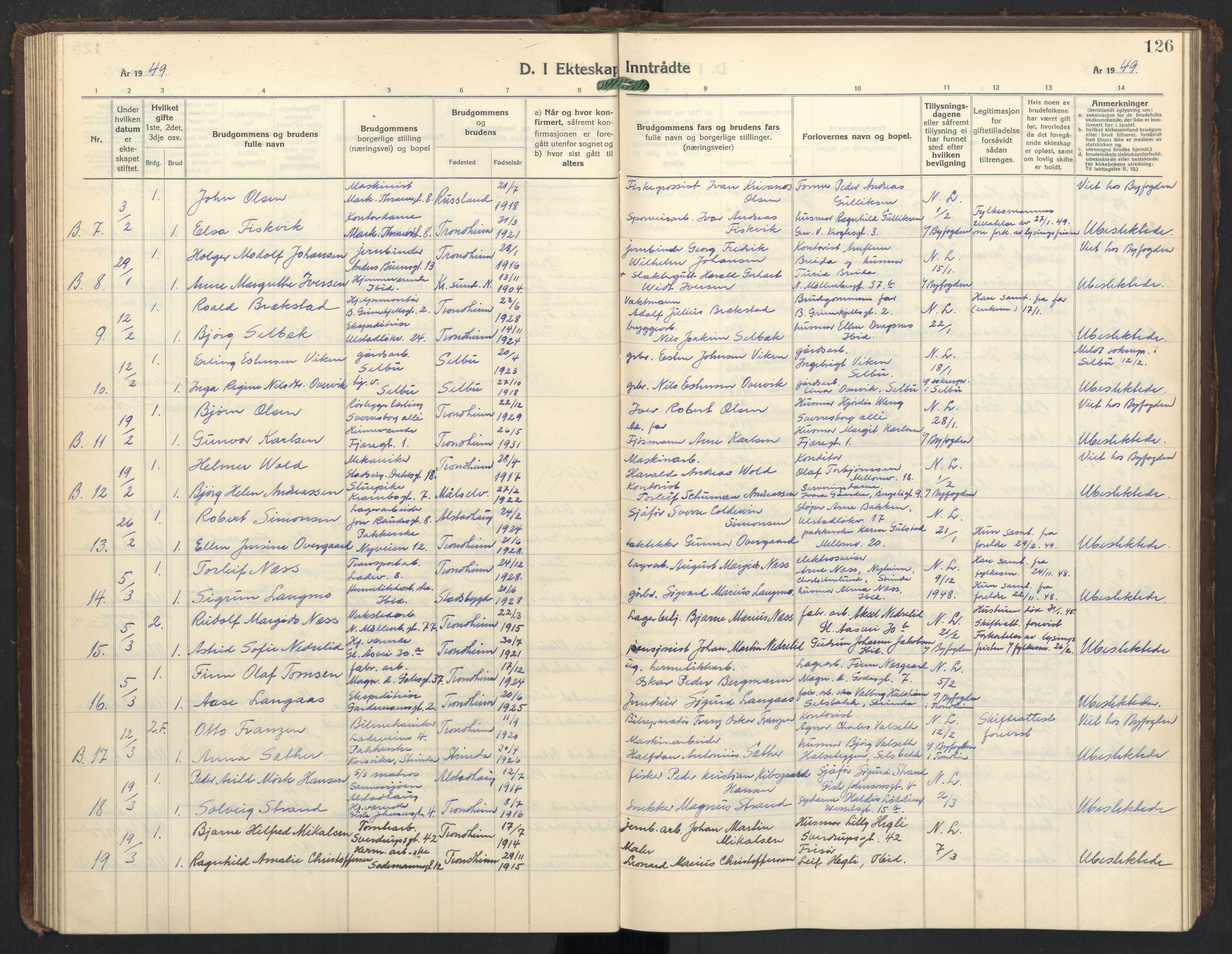 Ministerialprotokoller, klokkerbøker og fødselsregistre - Sør-Trøndelag, AV/SAT-A-1456/605/L0263: Parish register (copy) no. 605C10, 1938-1949, p. 126