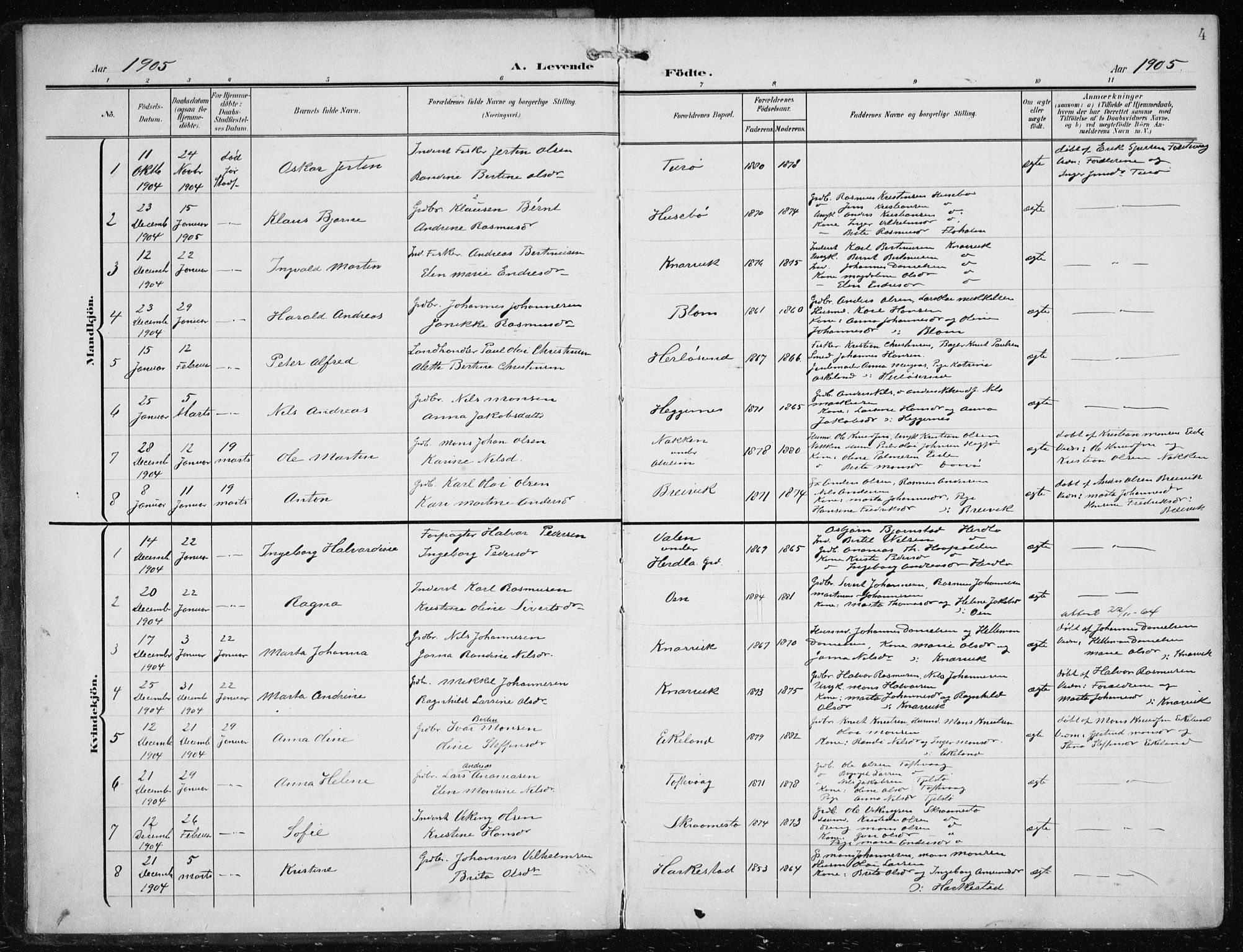 Herdla Sokneprestembete, SAB/A-75701/H/Haa: Parish register (official) no. A 5, 1905-1918, p. 4