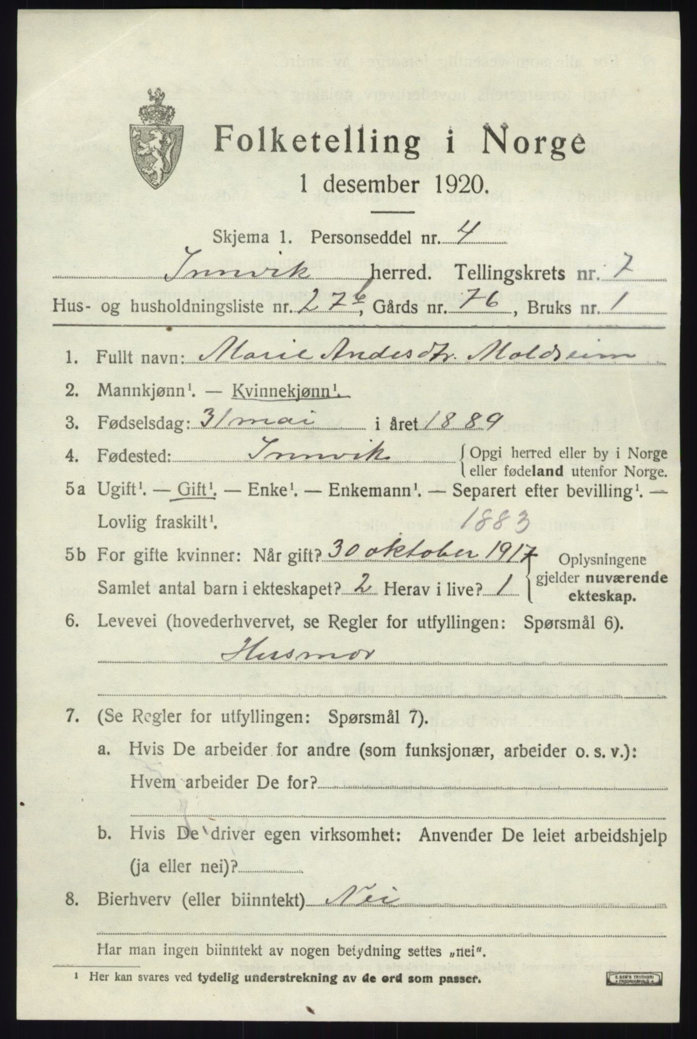 SAB, 1920 census for Innvik, 1920, p. 3427