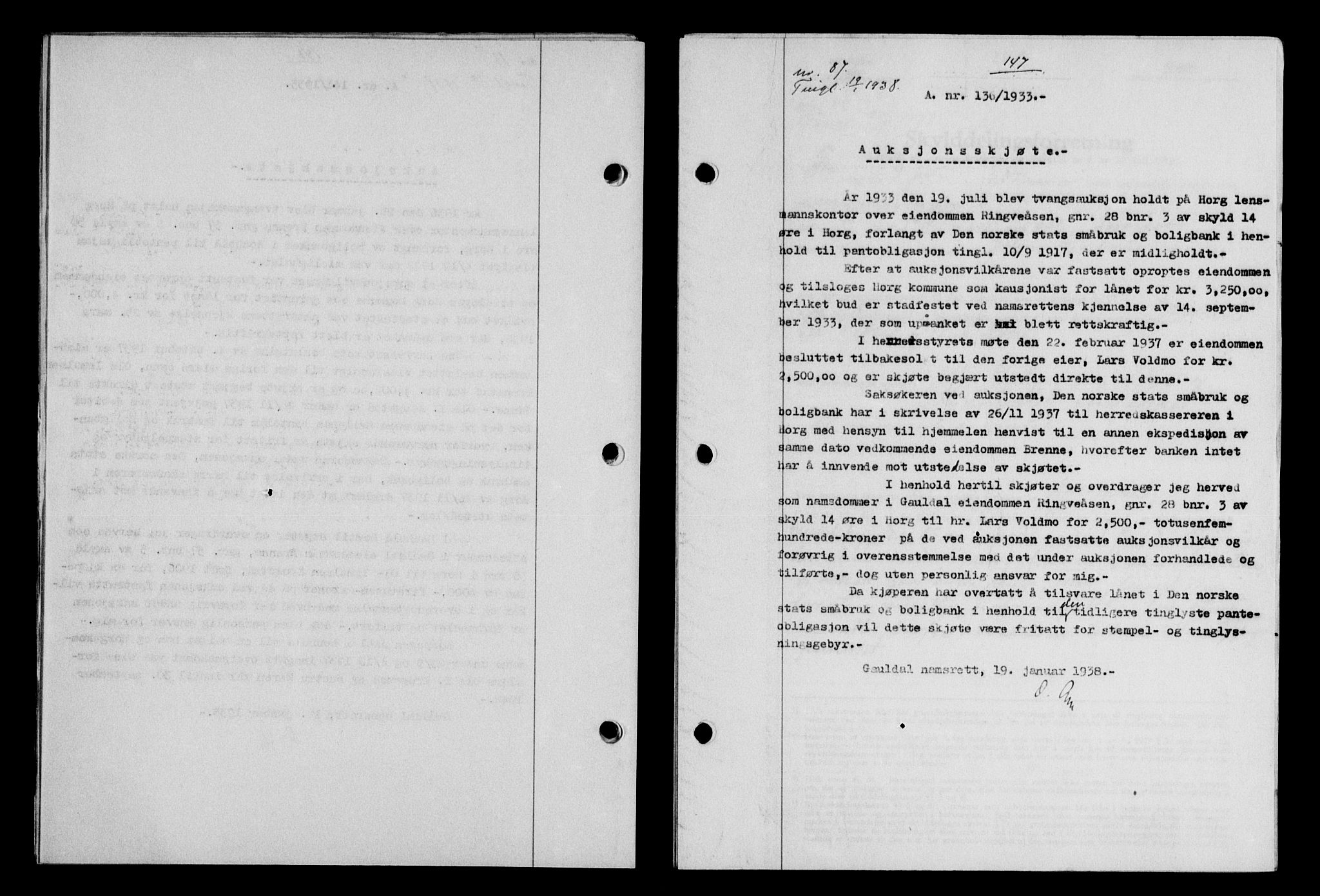 Gauldal sorenskriveri, SAT/A-0014/1/2/2C/L0048: Mortgage book no. 51-52, 1937-1938, p. 147, Diary no: : 87/1938