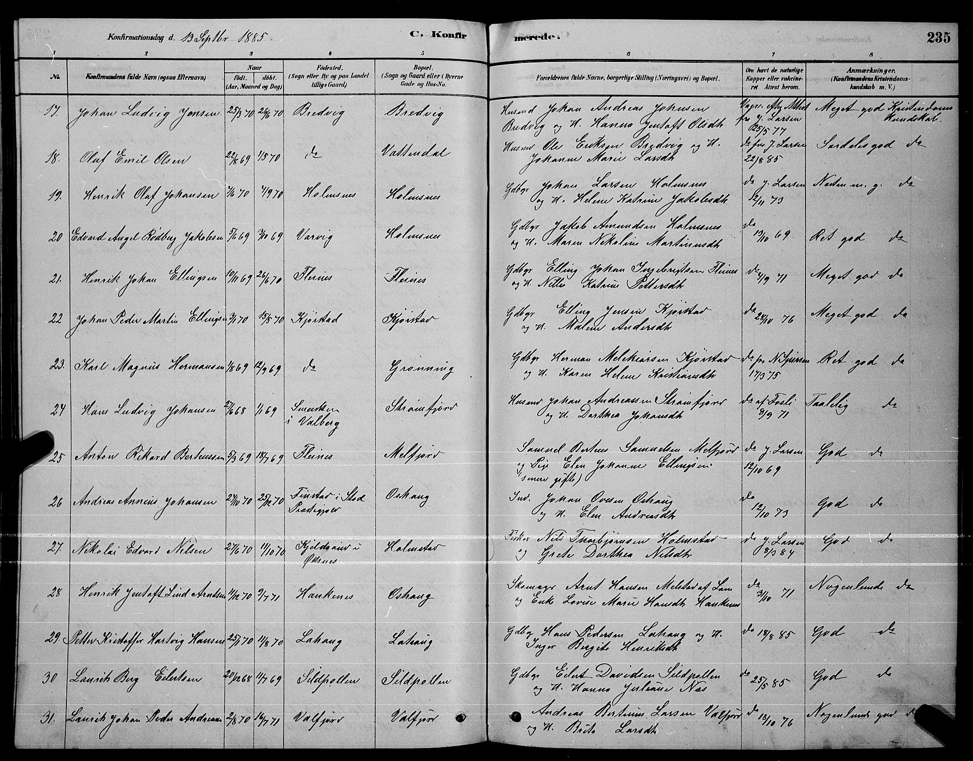 Ministerialprotokoller, klokkerbøker og fødselsregistre - Nordland, AV/SAT-A-1459/888/L1267: Parish register (copy) no. 888C05, 1878-1890, p. 235