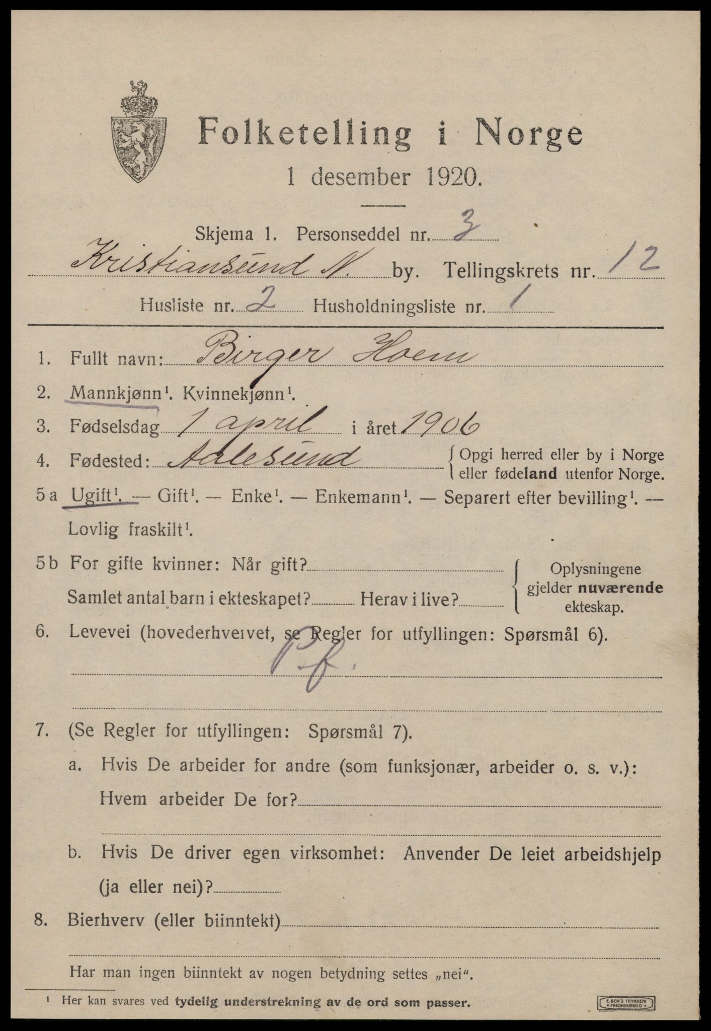 SAT, 1920 census for Kristiansund, 1920, p. 25277