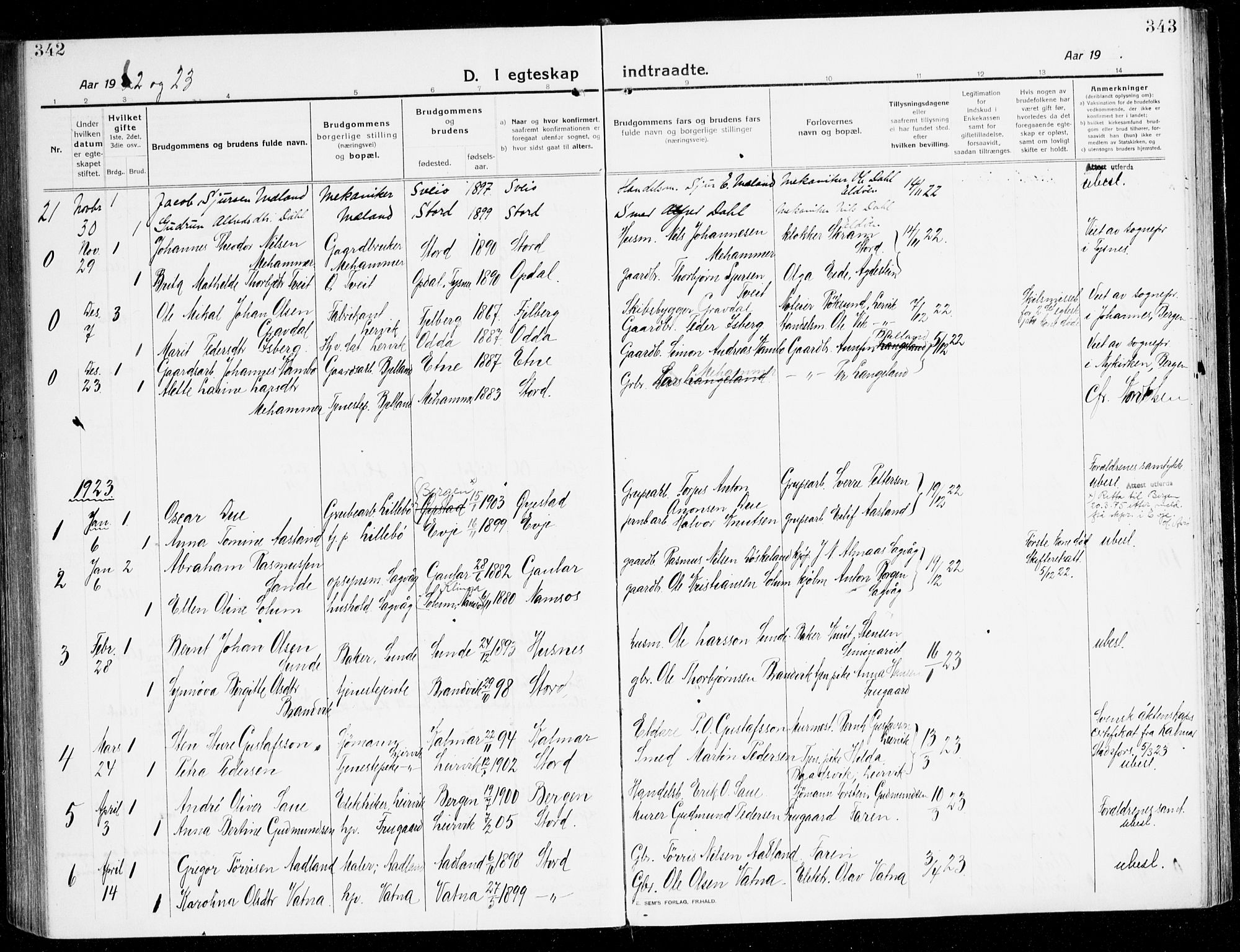Stord sokneprestembete, SAB/A-78201/H/Haa: Parish register (official) no. B 3, 1913-1925, p. 342-343