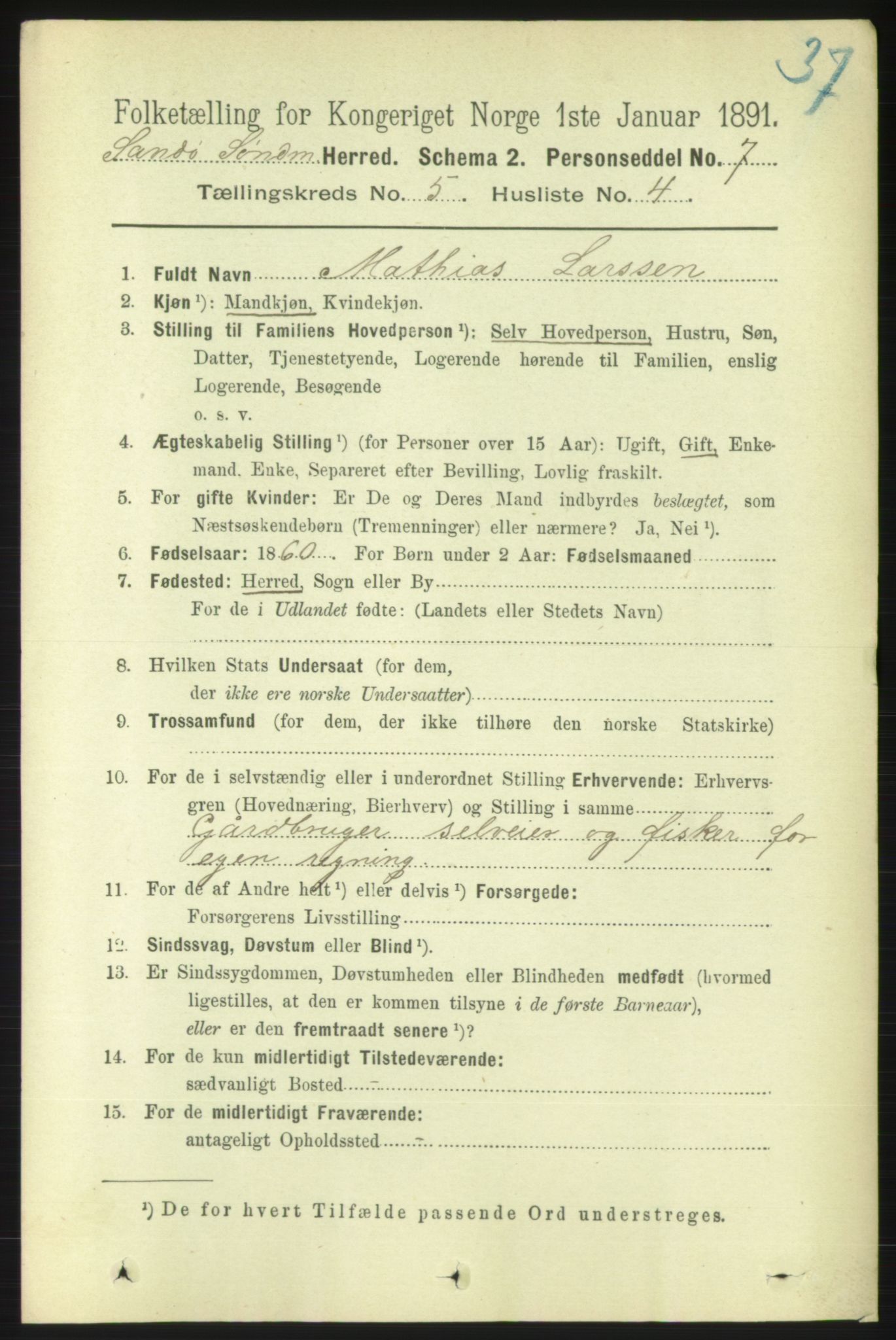 RA, 1891 census for 1514 Sande, 1891, p. 733